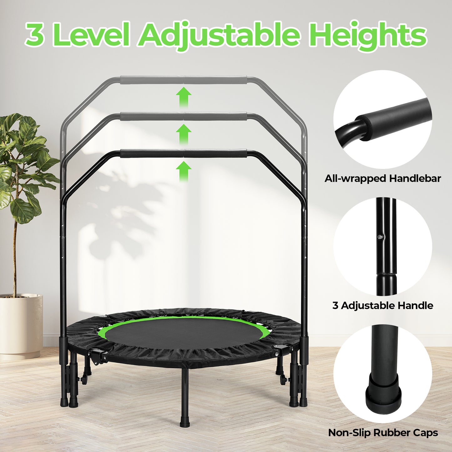 Arlopu 40" Fitness Mini Trampoline, Exercise Rebounder Mini Trampoline for Adults, Foldable with Adjustable Handle