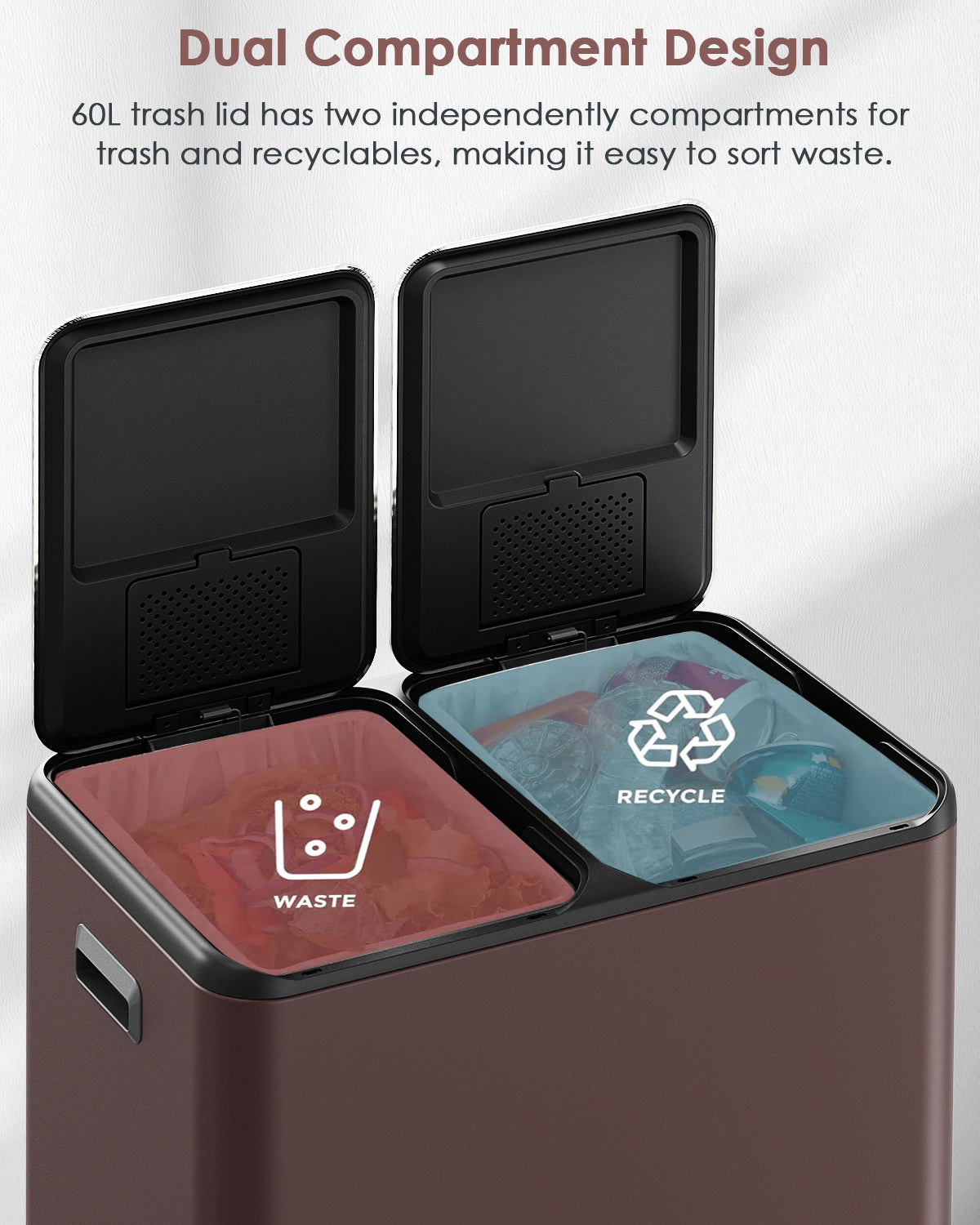 Arlopu 16 Gal Dual Trash Can Kitchen Garbage Bin Recycle Waste Dustbin w/ 2 Buckets & Soft-Close Lid