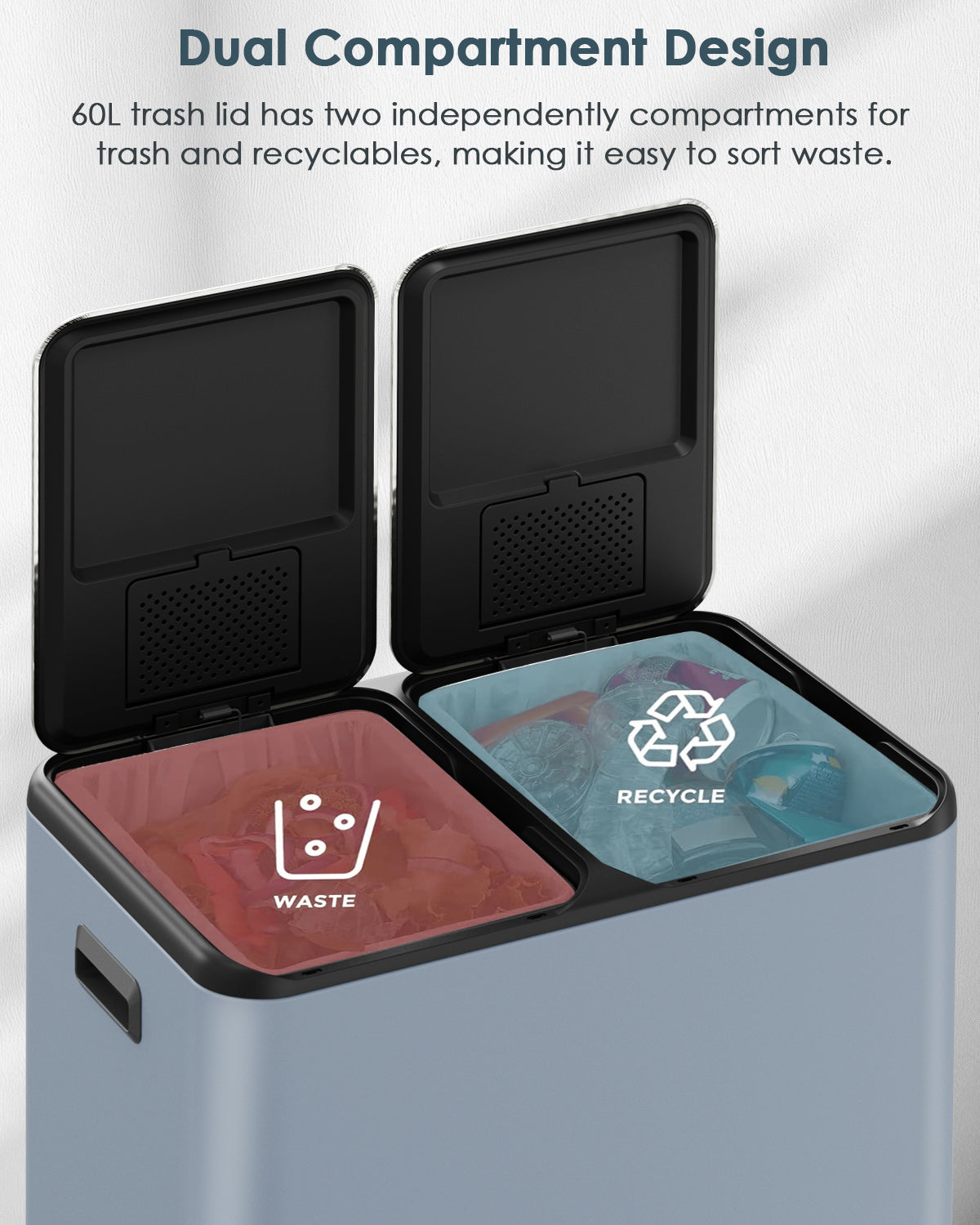 Arlopu 16 Gal Dual Trash Can Kitchen Garbage Bin Recycle Waste Dustbin w/ 2 Buckets & Soft-Close Lid