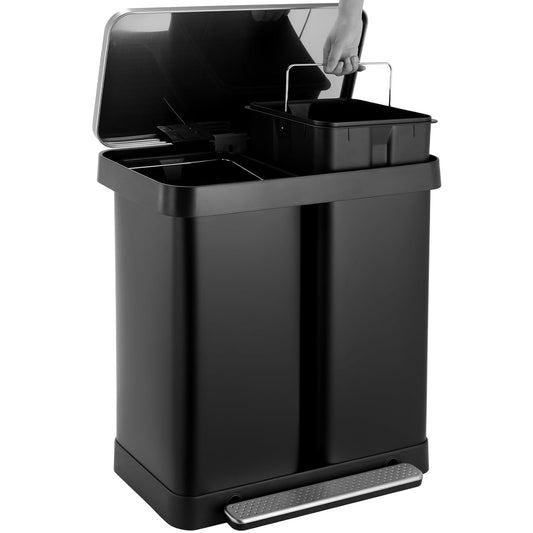 Arlopu Dual Trash Can, 16 Gallon / 60L Kitchen Step Garbage Can with 2 Compartments, Stainless Steel Classified Recycle Bin with Lid