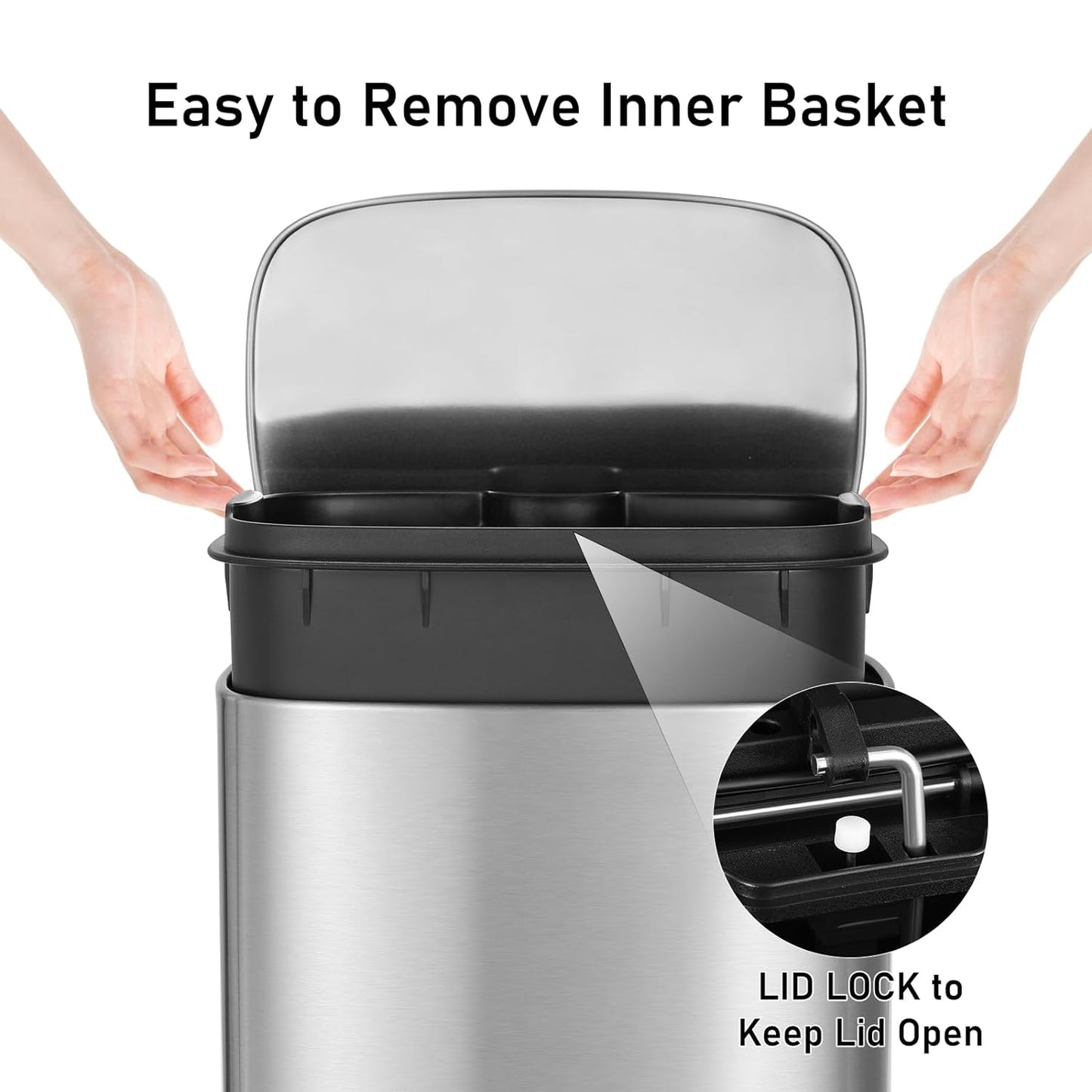 Arlopu 13.2+1.3 Gallon Step Trash Can, Stainless Steel Garbage Bin, Soft-Close Rubbish Bin with Removable Plastic Inner Bucket, Fingerprint-Proof Dustbin with Lid, for Kitchen