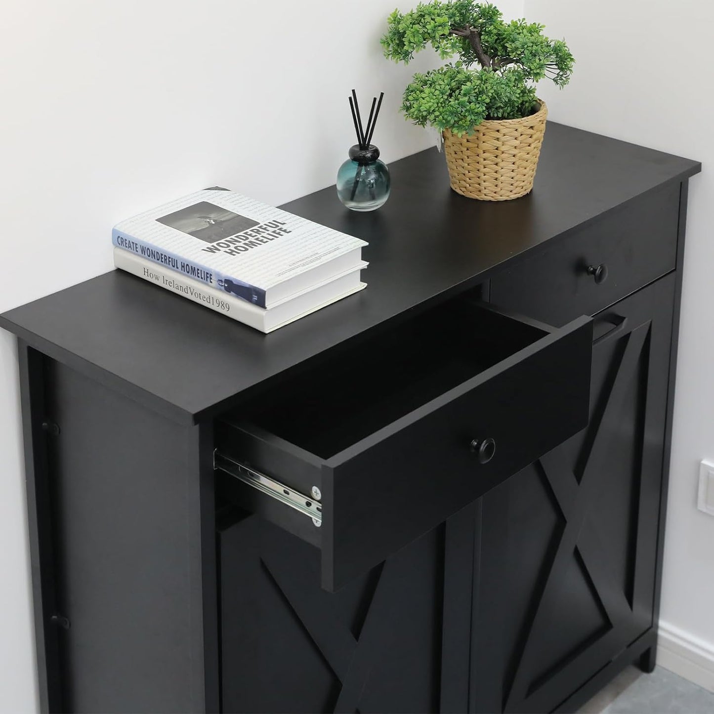 Arlopu Double Tilt Out Trash Cabinet, 2 x 10 Gallon Freestanding Garbage Bin Holder Wooden Laundry Sorter Cabinet with Drawer for Kitchen, Living Room