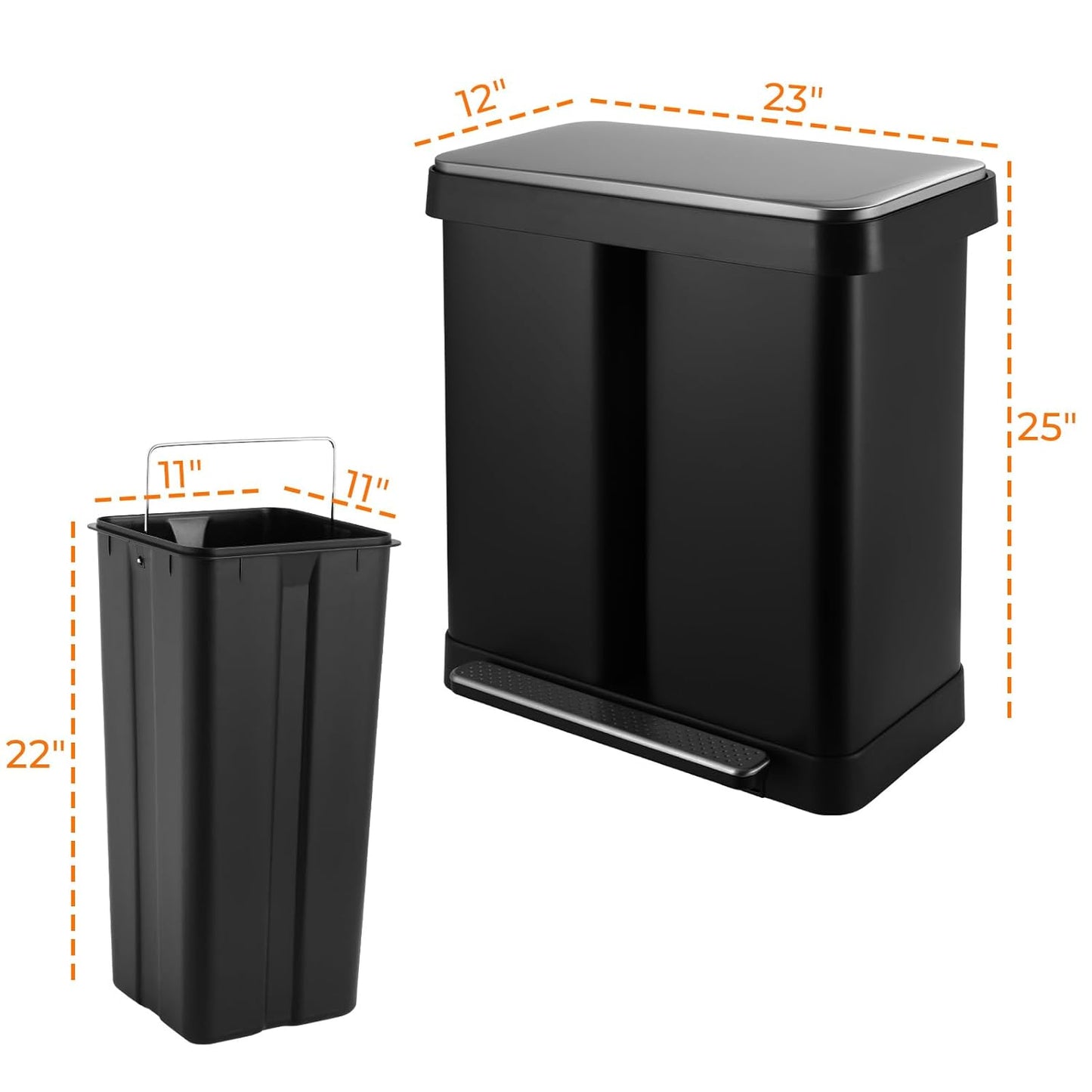 Arlopu Dual Trash Can, 16 Gallon / 60L Kitchen Step Garbage Can with 2 Compartments, Stainless Steel Classified Recycle Bin with Lid