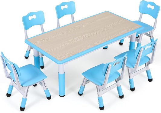 Arlopu Rectangle Kids Table Set with 6 Chairs Height Adjustable Multi Activity Art Craft Table for Girls, Boys Age 2-10