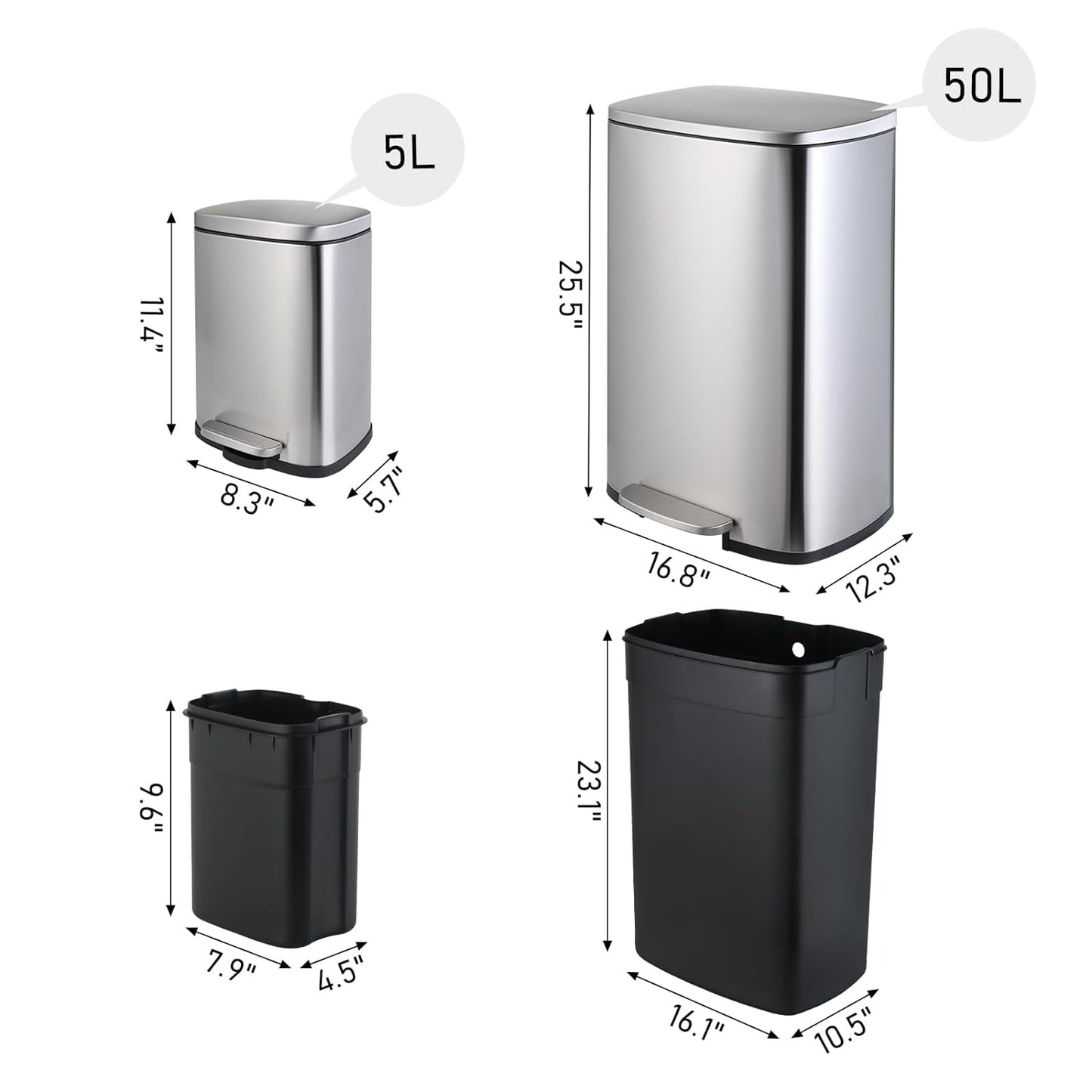 Arlopu 13.2+1.3 Gallon Step Trash Can, Stainless Steel Garbage Bin, Soft-Close Rubbish Bin with Removable Plastic Inner Bucket, Fingerprint-Proof Dustbin with Lid, for Kitchen