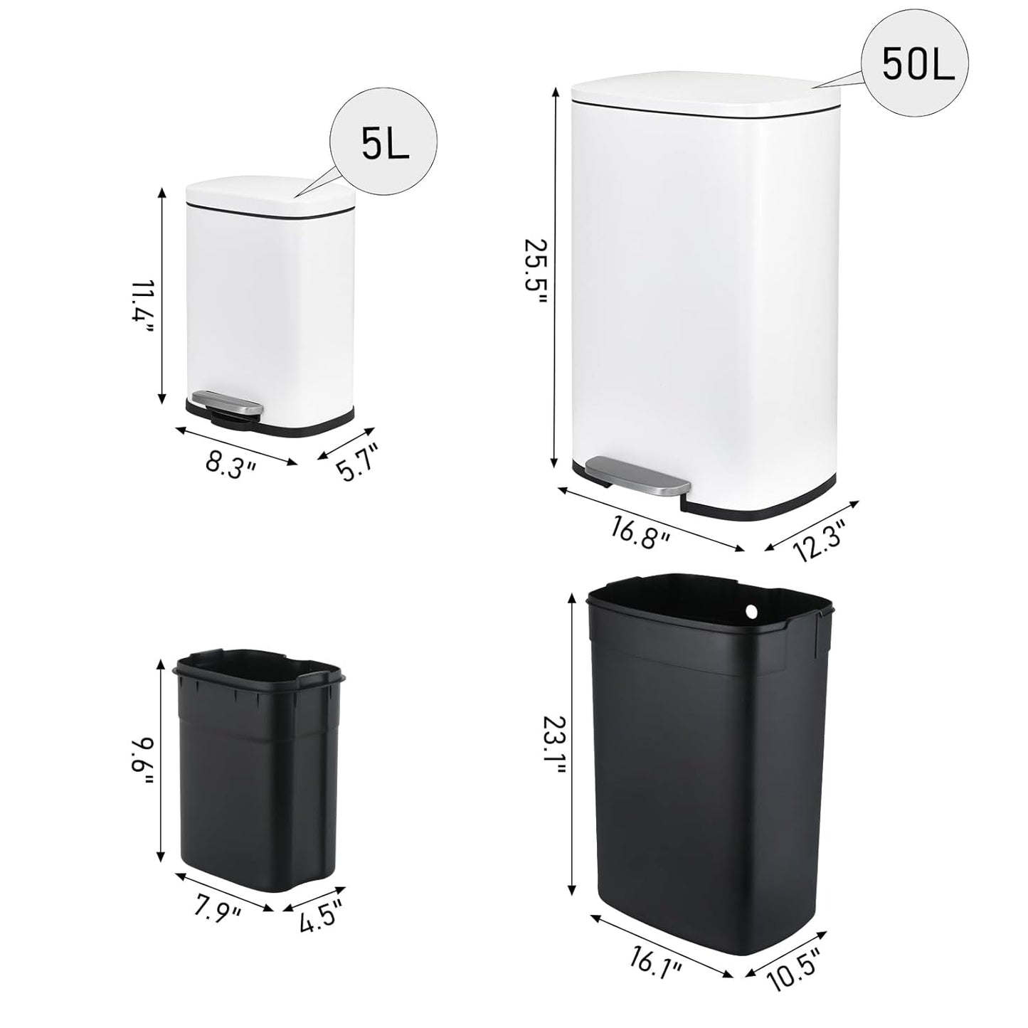 Arlopu 13.2+1.3 Gallon Step Trash Can, Stainless Steel Garbage Bin, Soft-Close Rubbish Bin with Removable Plastic Inner Bucket, Fingerprint-Proof Dustbin, for Kitchen