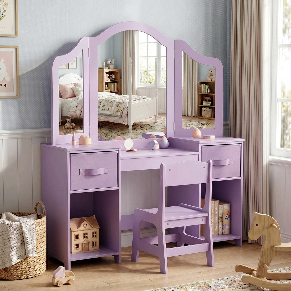 Arlopu Girls' Vanity Table and Chair Set Princess Makeup Dressing Play Table Set with Tri-Folding Mirror, Stool and Large Storage Shelves