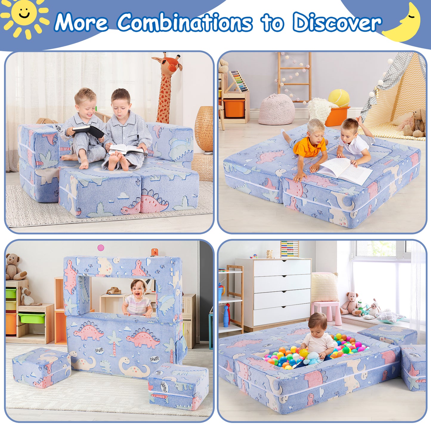 Arlopu Kids Sofa, Modular Toddler Couch with 2 Ottomans 1 Side Pocket