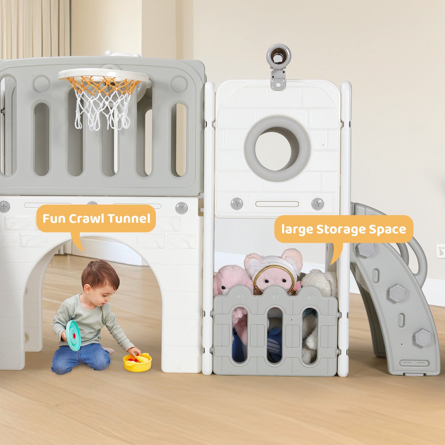 Arlopu 9-in-1 Toddler Slide Set Indoor Playground Slide for Kids with Climber, Basketball Hoop, Tunnel, Telescope and Storage Space