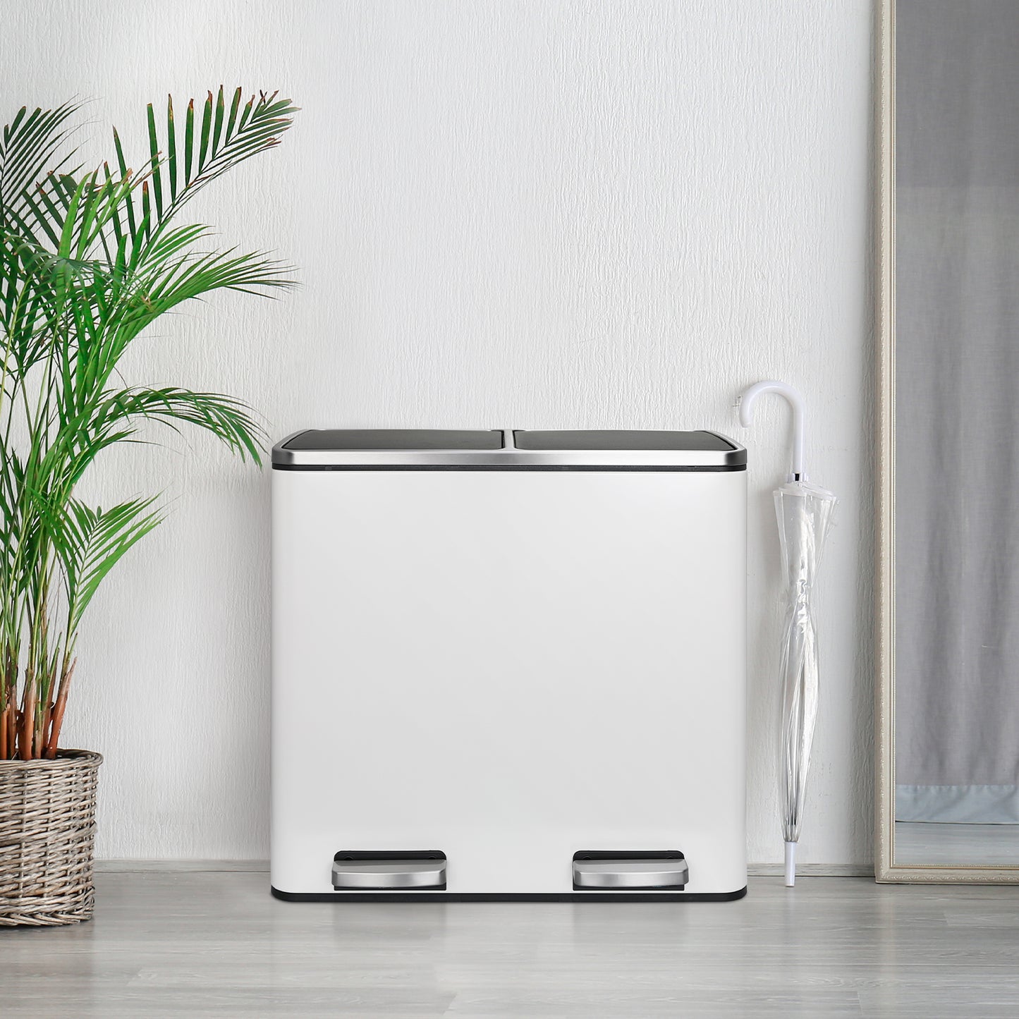 Arlopu 12 Gallon Dual Trash Can Step-on Garbage Can for Kitchen, Living Room, White