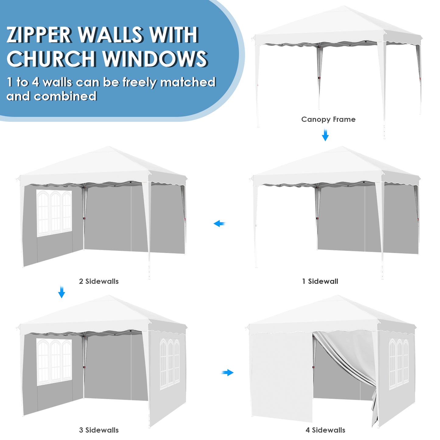 Arlopu 10x10 Pop Up Commercial Canopy Tent, Fully Waterproof Instant Gazebo Tent with 4 Removable Sidewall, Heavy Duty Outdoor Party Events Camping Beach Canopies, Upgraded Removable Wheel Bag, White