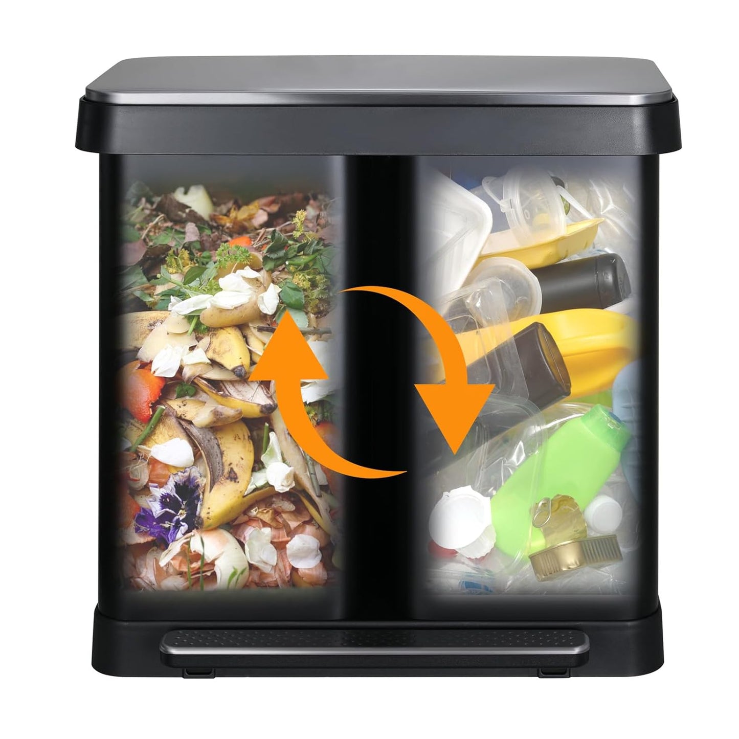 Arlopu Dual Trash Can, 16 Gallon / 60L Kitchen Step Garbage Can with 2 Compartments, Stainless Steel Classified Recycle Bin with Lid
