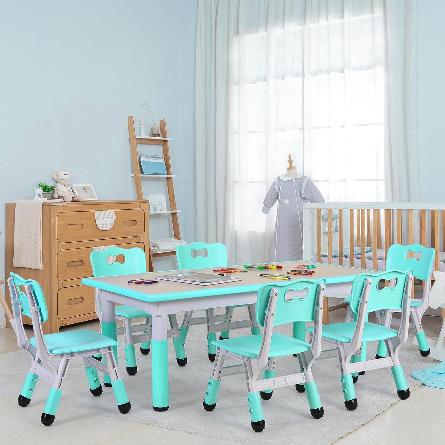 Arlopu Kids Table and Chairs Set, Plastic Toddler Play Table with 6 Chairs Set Graffiti Table for Daycare Classroom Playroom