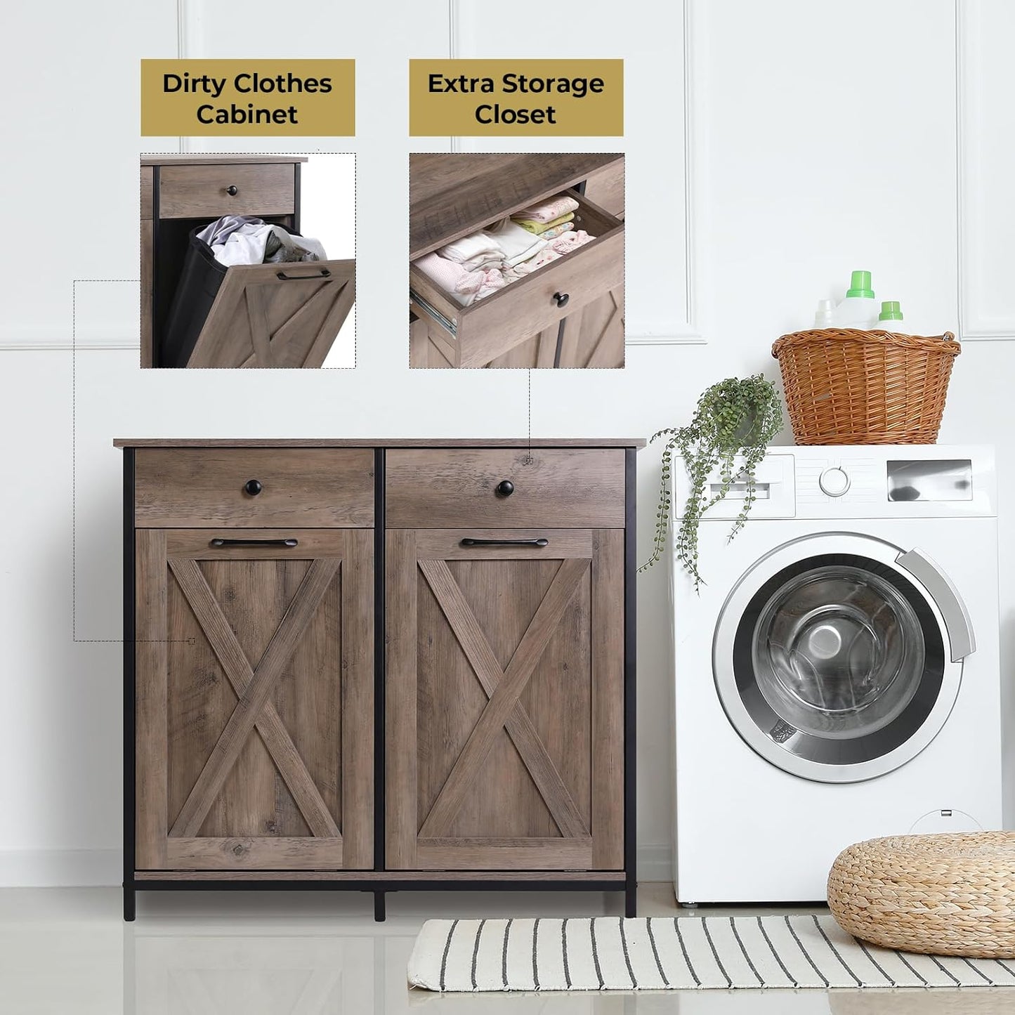 Arlopu Double Tilt Out Trash Cabinet, 2 x 10 Gallon Freestanding Garbage Bin Holder Wooden Laundry Sorter Cabinet with Drawer for Kitchen, Living Room