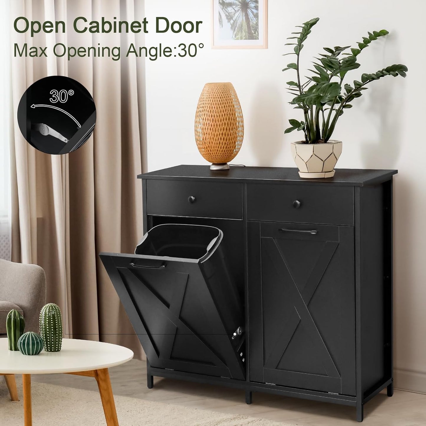 Arlopu Double Tilt Out Trash Cabinet, 2 x 10 Gallon Freestanding Garbage Bin Holder Wooden Laundry Sorter Cabinet with Drawer for Kitchen, Living Room