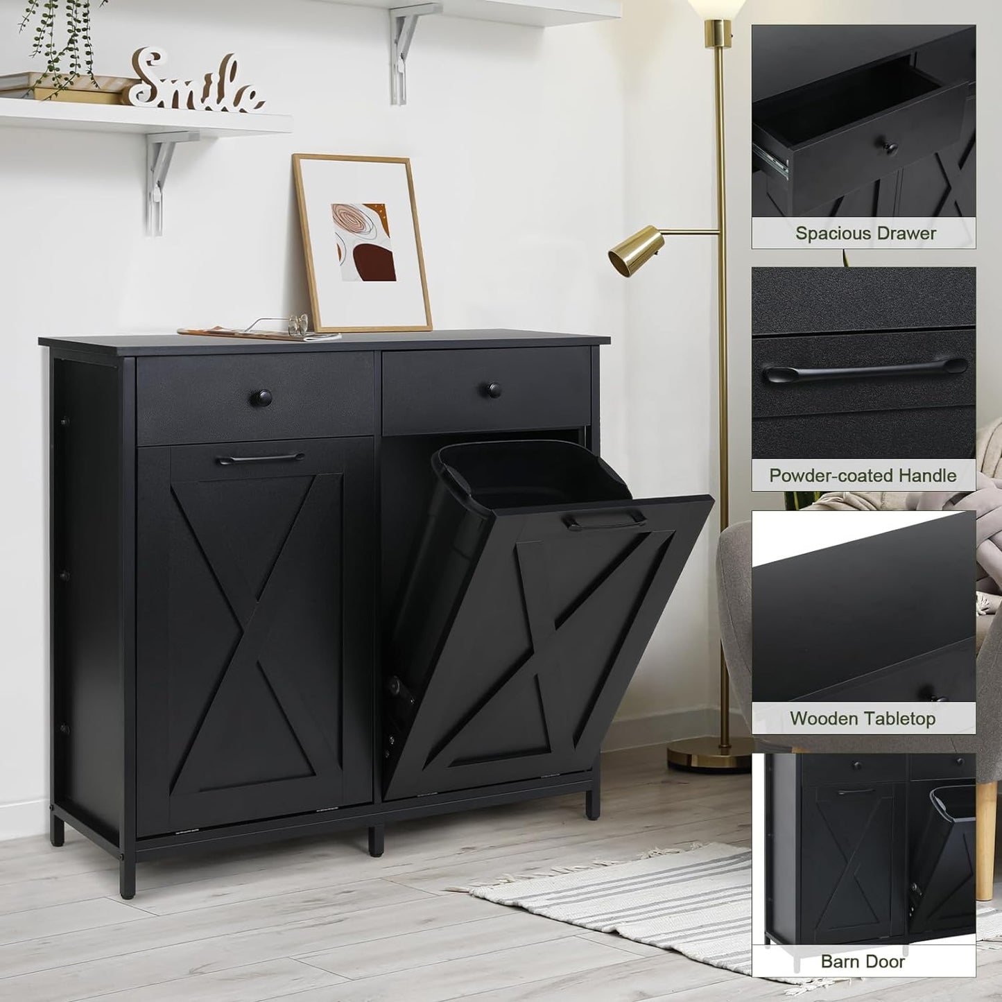 Arlopu Double Tilt Out Trash Cabinet, 2 x 10 Gallon Freestanding Garbage Bin Holder Wooden Laundry Sorter Cabinet with Drawer for Kitchen, Living Room