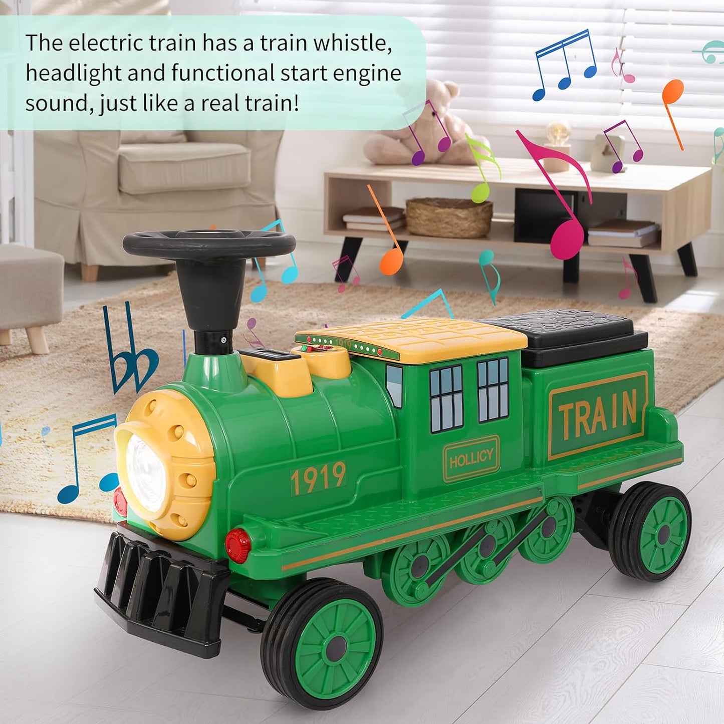 Arlopu Ride On Train, 12V Baterry Powered Electric Track-Less Train w/ Light and Sounds, 2 Seaters Toy Train for Toddlers w/Horn, Storage, Charger
