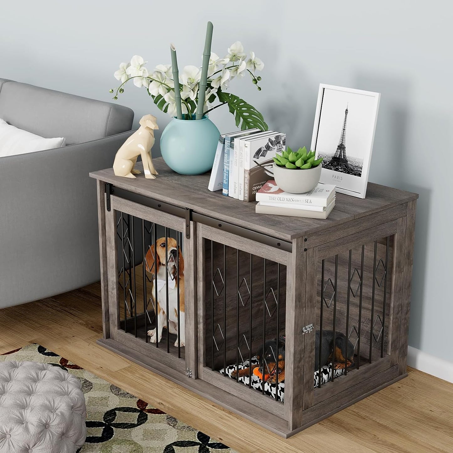Arlopu Large Dog Crate Furniture with Sliding Barn Door, Wooden Indoor Dog Kennel w/Flip-top, 39.4'' Heavy Duty Modern Puppy Dog Cage End Table W/ Detachable Divider for Small/Medium Pets