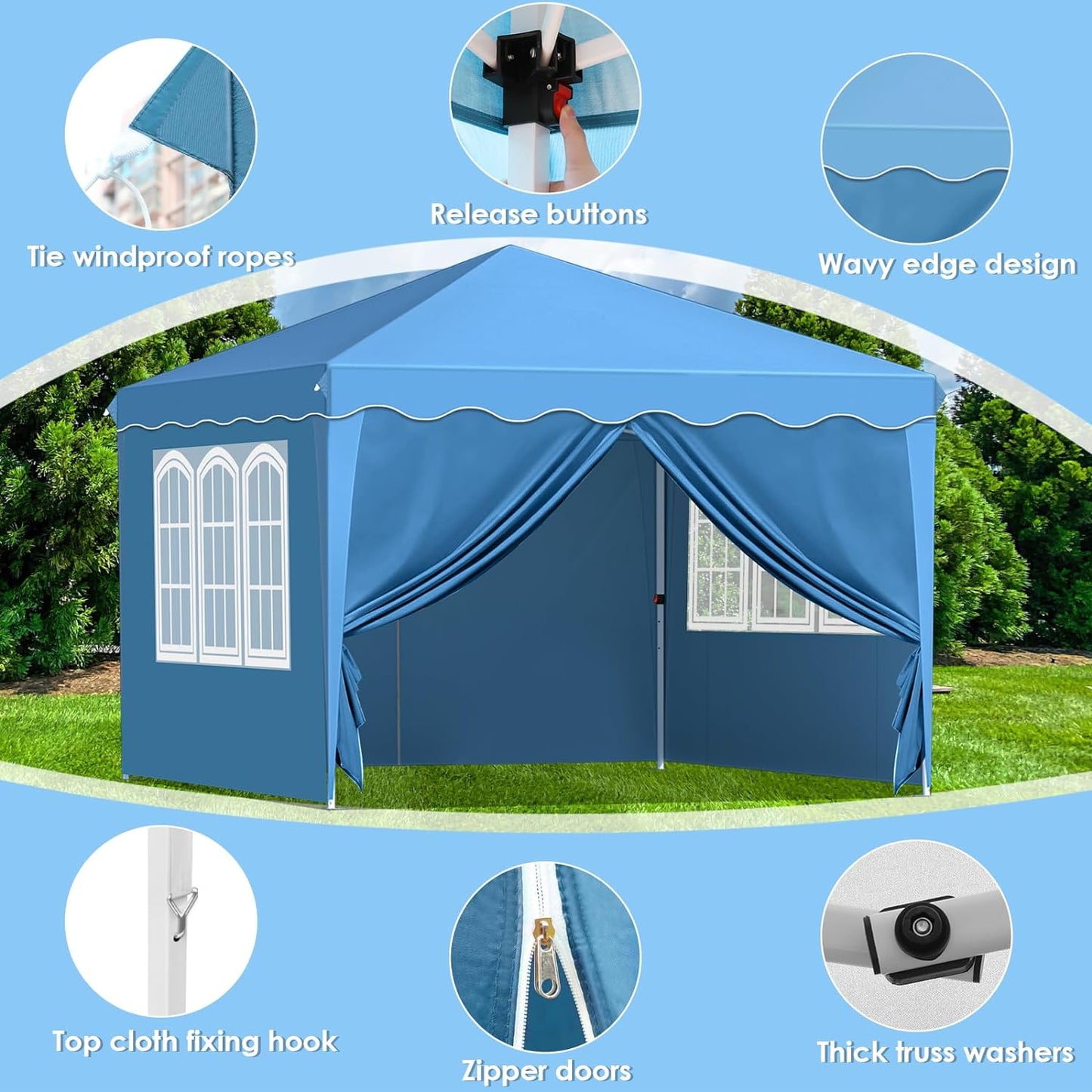 Arlopu 10'x10' Pop Up Commercial Canopy Tent, Fully Waterproof Instant Gazebo Tent with 4 Removable Sidewall, Heavy Duty Outdoor Party Events Camping Beach Canopies, Upgraded Removable Wheel Bag