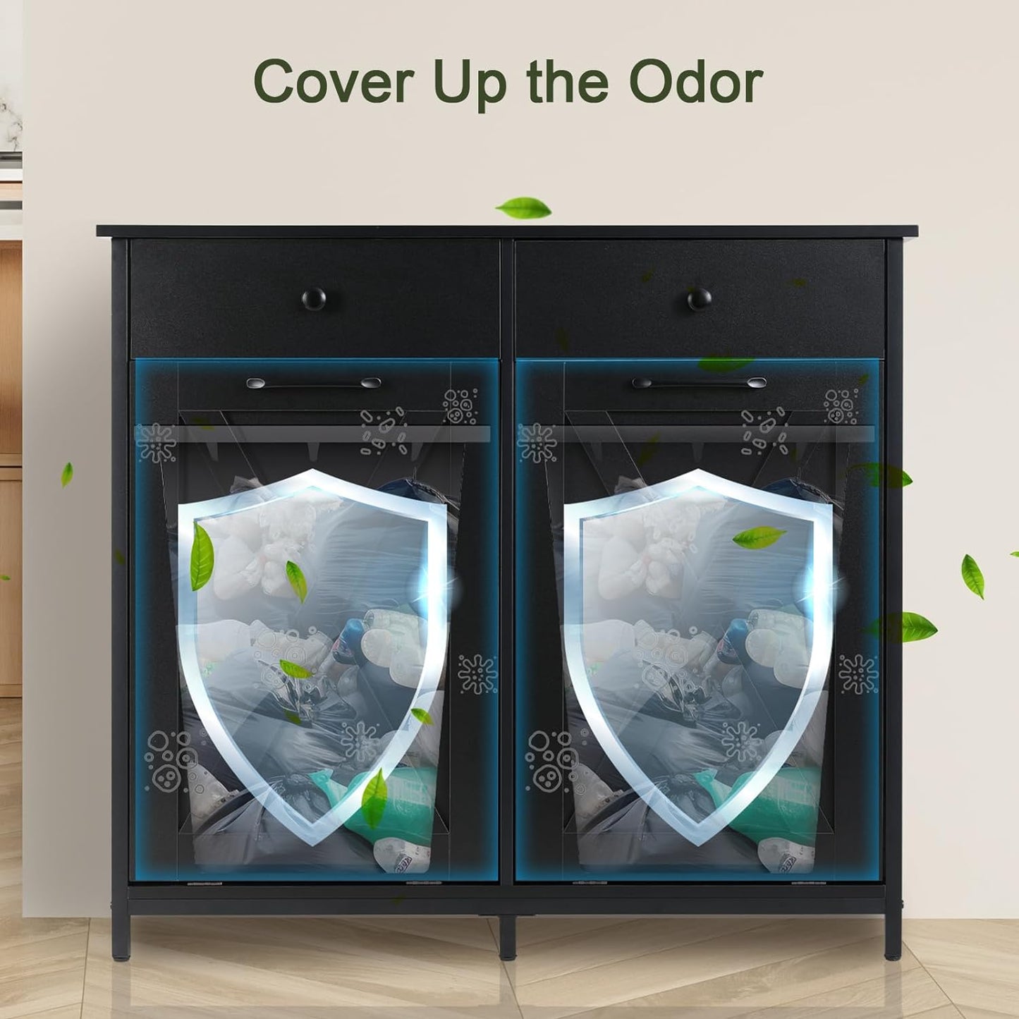 Arlopu Double Tilt Out Trash Cabinet, 2 x 10 Gallon Freestanding Garbage Bin Holder Wooden Laundry Sorter Cabinet with Drawer for Kitchen, Living Room