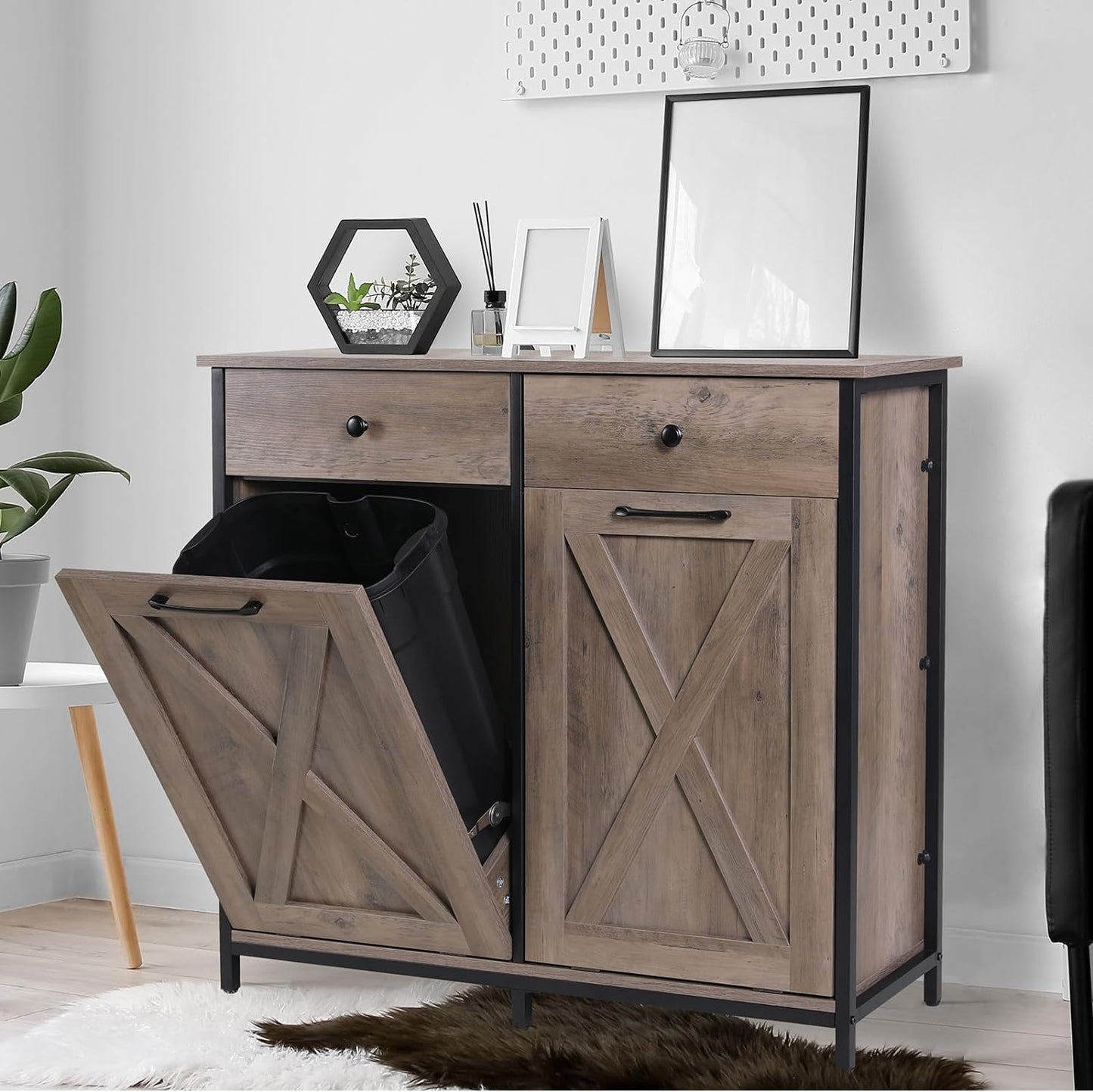 Arlopu Double Tilt Out Trash Cabinet, 2 x 10 Gallon Freestanding Garbage Bin Holder Wooden Laundry Sorter Cabinet with Drawer for Kitchen, Living Room