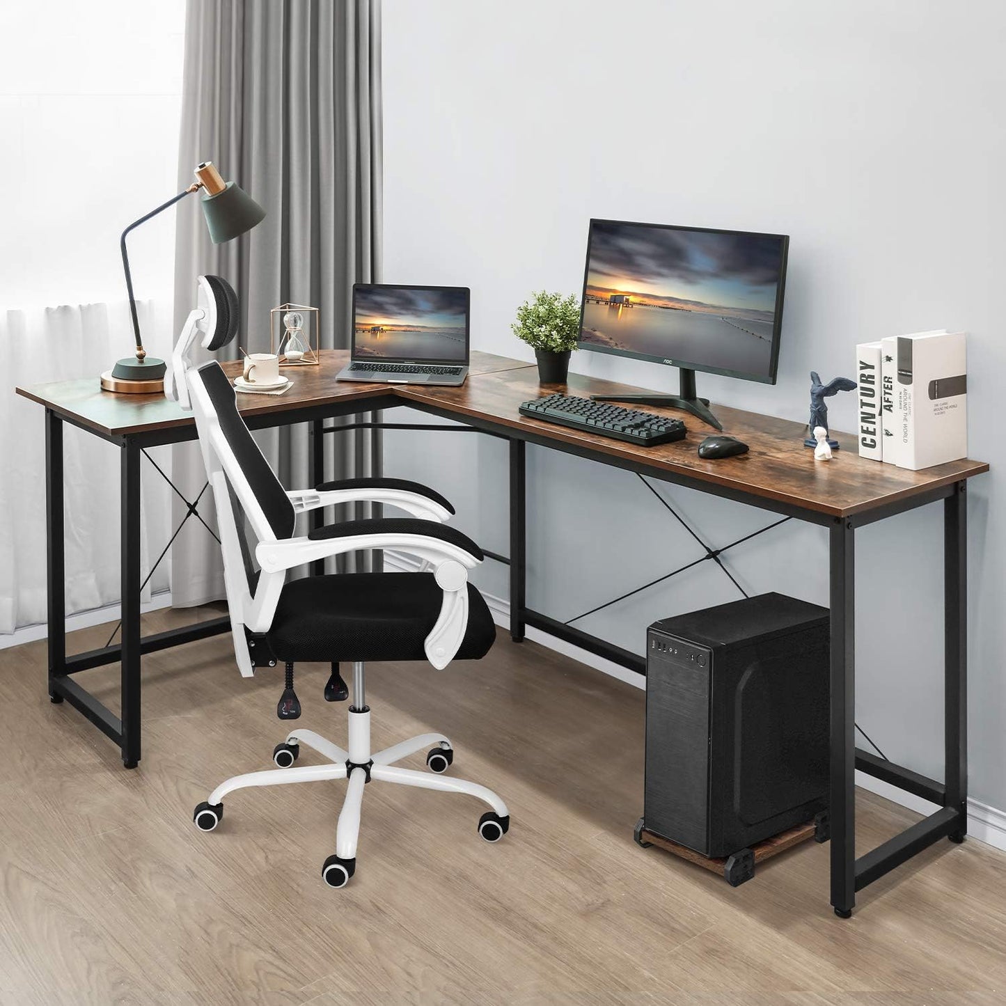 Arlopu Modern 66.5‘’ L-Shaped Home Office Desk, Larger Sturdy Computer PC Laptop Table, Corner Gaming Desk, Writing WorkstationDesk, Wooden Desk W/ Monitor Stand