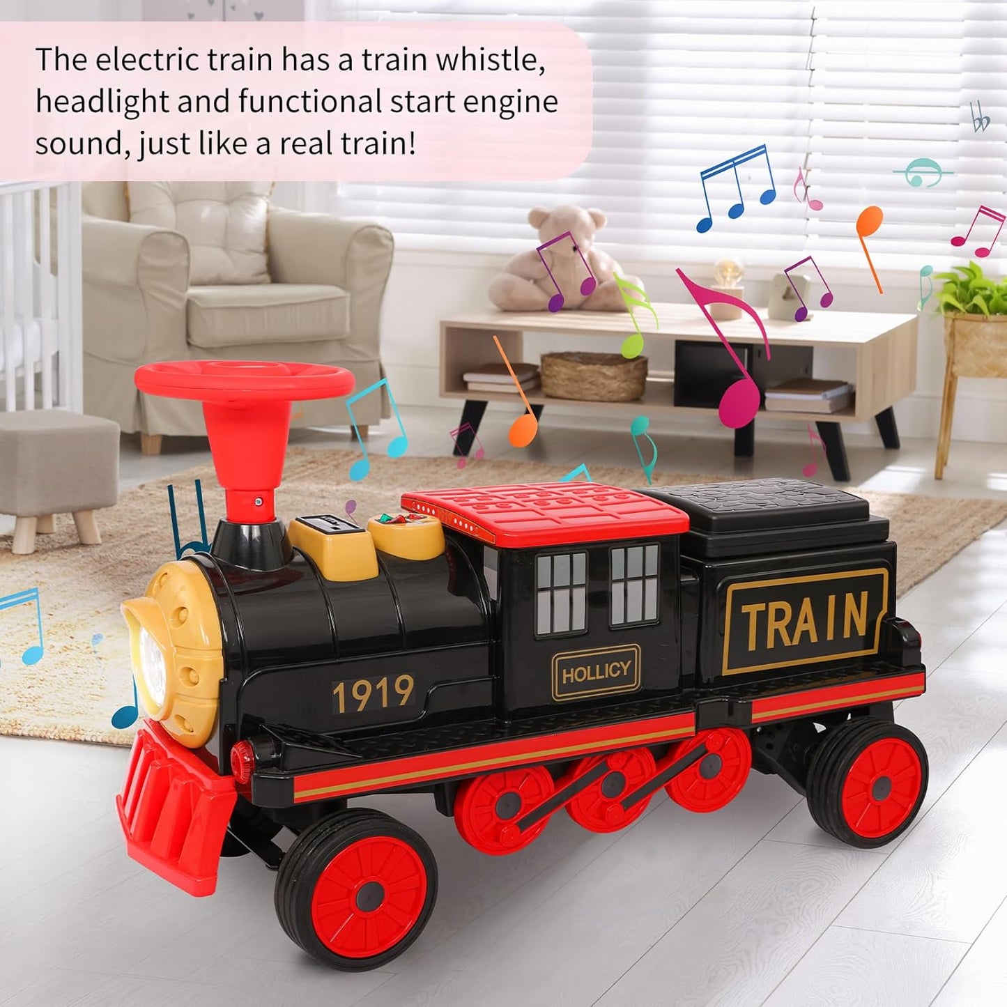 Arlopu Ride on Train with Carriage for Toddlers, 3 Seats 12V Kids Electric Train Toy, Trackless Powered Train Toy Set with Storage