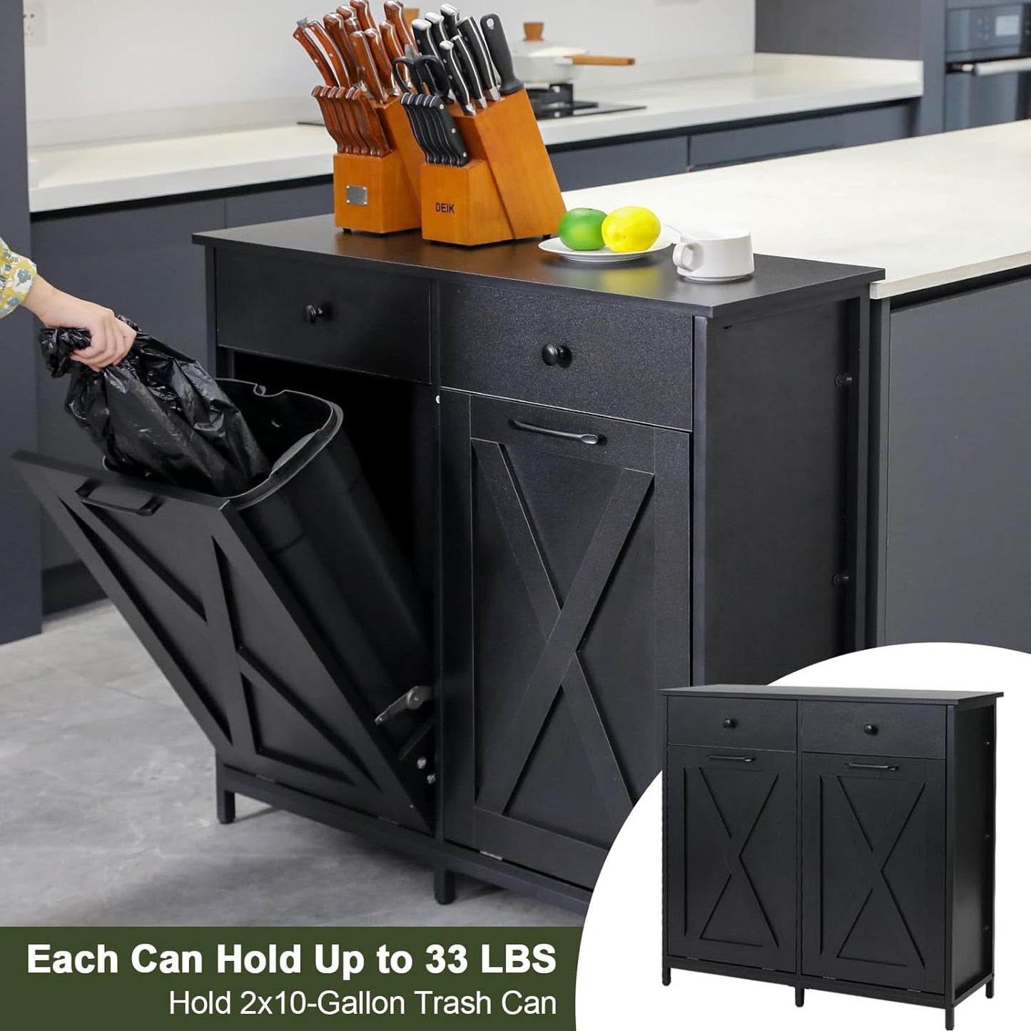 Arlopu Double Tilt Out Trash Cabinet, 2 x 10 Gallon Freestanding Garbage Bin Holder Wooden Laundry Sorter Cabinet with Drawer for Kitchen, Living Room
