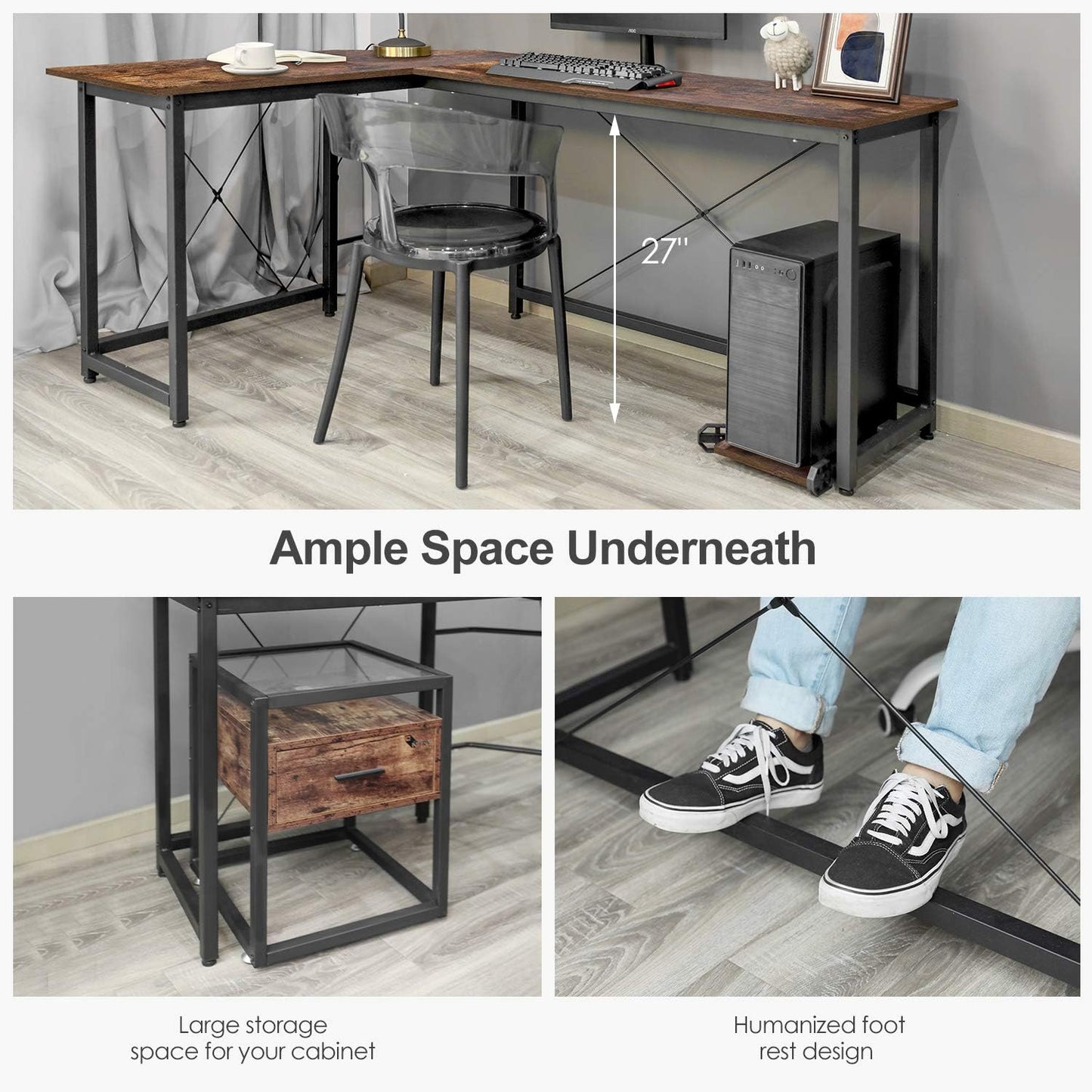 Arlopu Modern 66.5‘’ L-Shaped Home Office Desk, Larger Sturdy Computer PC Laptop Table, Corner Gaming Desk, Writing WorkstationDesk, Wooden Desk W/ Monitor Stand