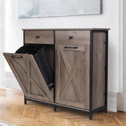 Arlopu Double Tilt Out Trash Cabinet, 20 Gallon Pet Proof Kitchen Pull Out Recycle Cabinet, Freestanding Wooden Laundry Sorter Cabinet with Drawer, Barn Door, for Home, Living Room