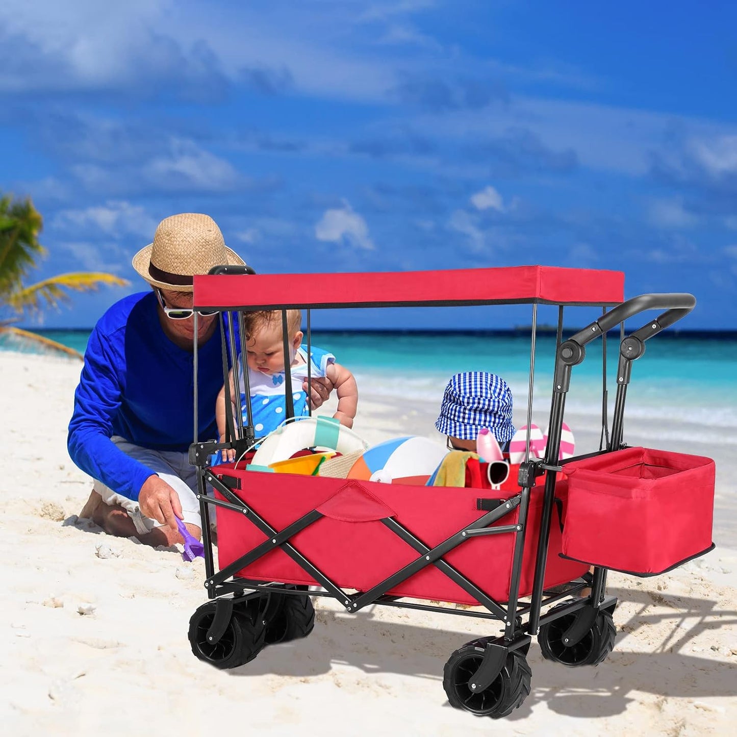 Arlopu Collapsible Wagon Folding Garden Cart W/ Canopy and Adjustable Handles
