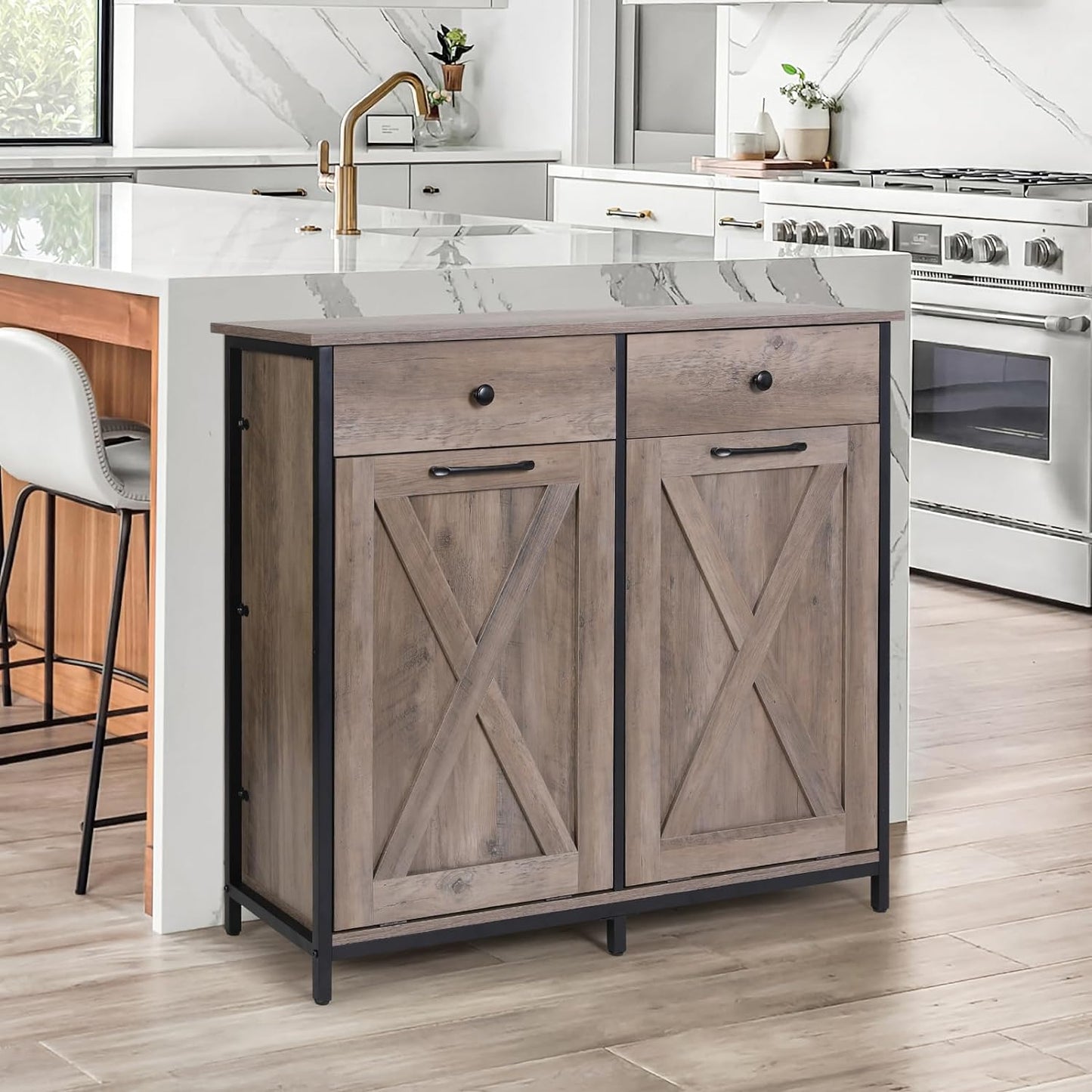 Arlopu Double Tilt Out Trash Cabinet, 2 x 10 Gallon Freestanding Garbage Bin Holder Wooden Laundry Sorter Cabinet with Drawer for Kitchen, Living Room