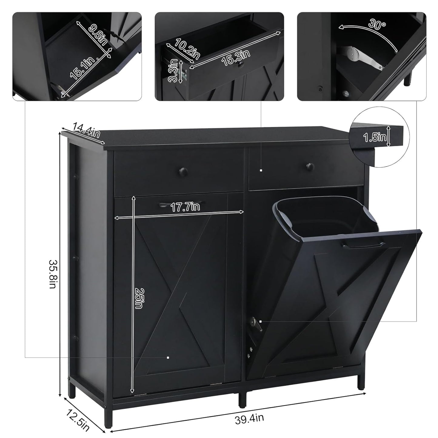 Arlopu Double Tilt Out Trash Cabinet, 2 x 10 Gallon Freestanding Garbage Bin Holder Wooden Laundry Sorter Cabinet with Drawer for Kitchen, Living Room