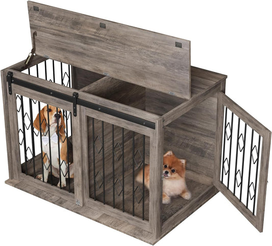Arlopu Large Dog Crate Furniture with Sliding Barn Door, Wooden Indoor Dog Kennel w/Flip-top, 39.4'' Heavy Duty Modern Puppy Dog Cage End Table W/ Detachable Divider for Small/Medium Pets