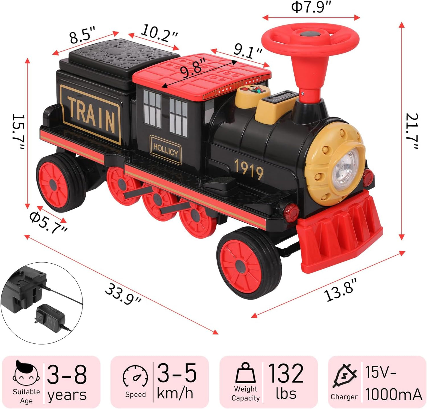 Arlopu Ride On Train, 12V Baterry Powered Electric Track-Less Train w/ Light and Sounds, 2 Seaters Toy Train for Toddlers W/ Horn, Storage, Charger, Bluetooth