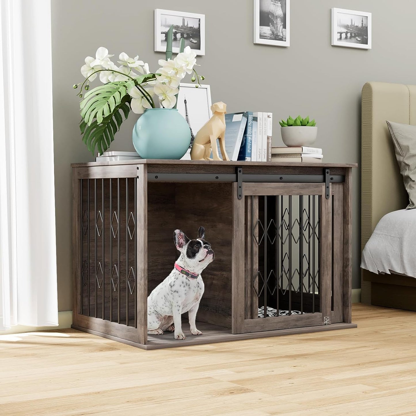 Arlopu Large Dog Crate Furniture with Sliding Barn Door, Wooden Indoor Dog Kennel w/Flip-top, 39.4'' Heavy Duty Modern Puppy Dog Cage End Table W/ Detachable Divider for Small/Medium Pets