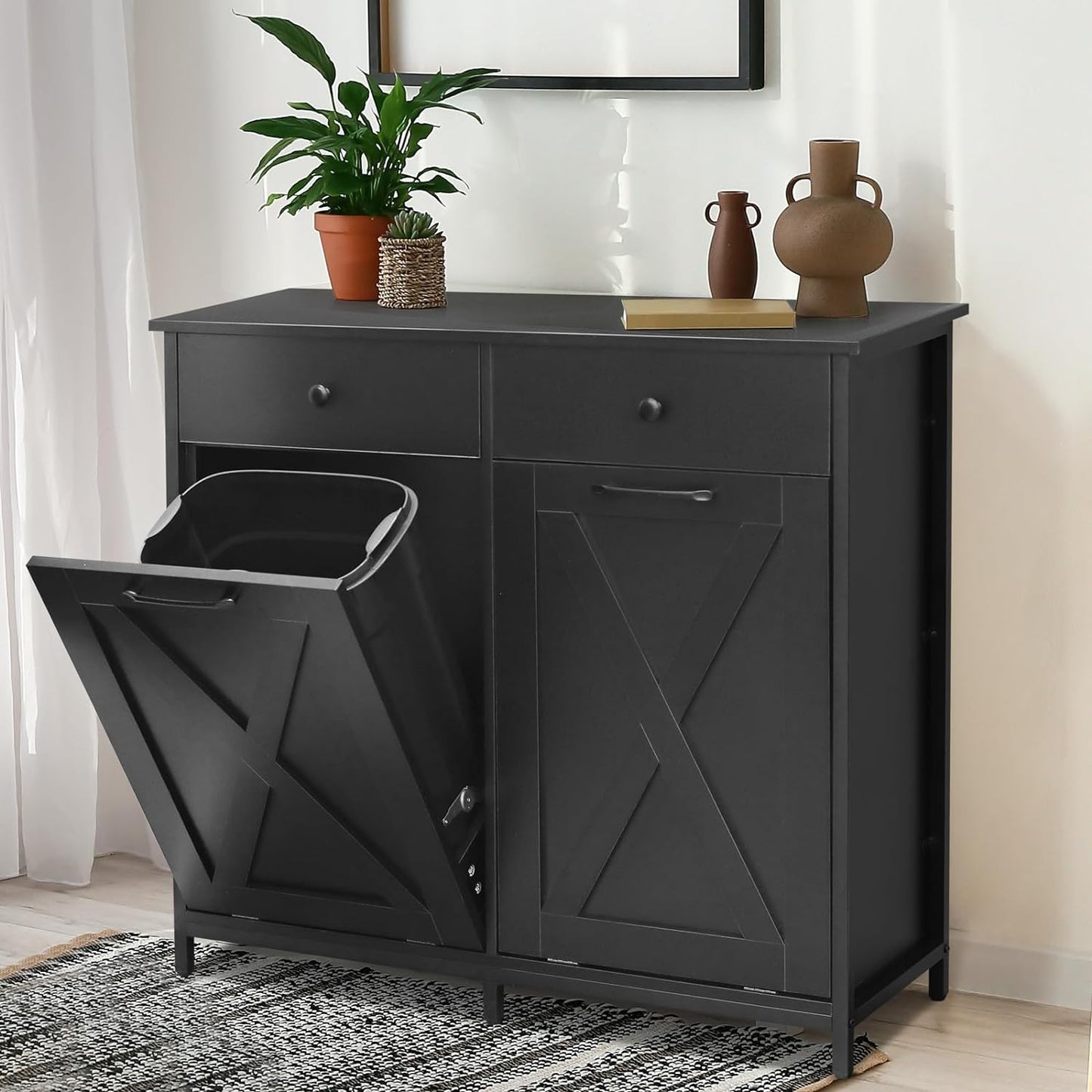 Arlopu Double Tilt Out Trash Cabinet, 2 x 10 Gallon Freestanding Garbage Bin Holder Wooden Laundry Sorter Cabinet with Drawer for Kitchen, Living Room