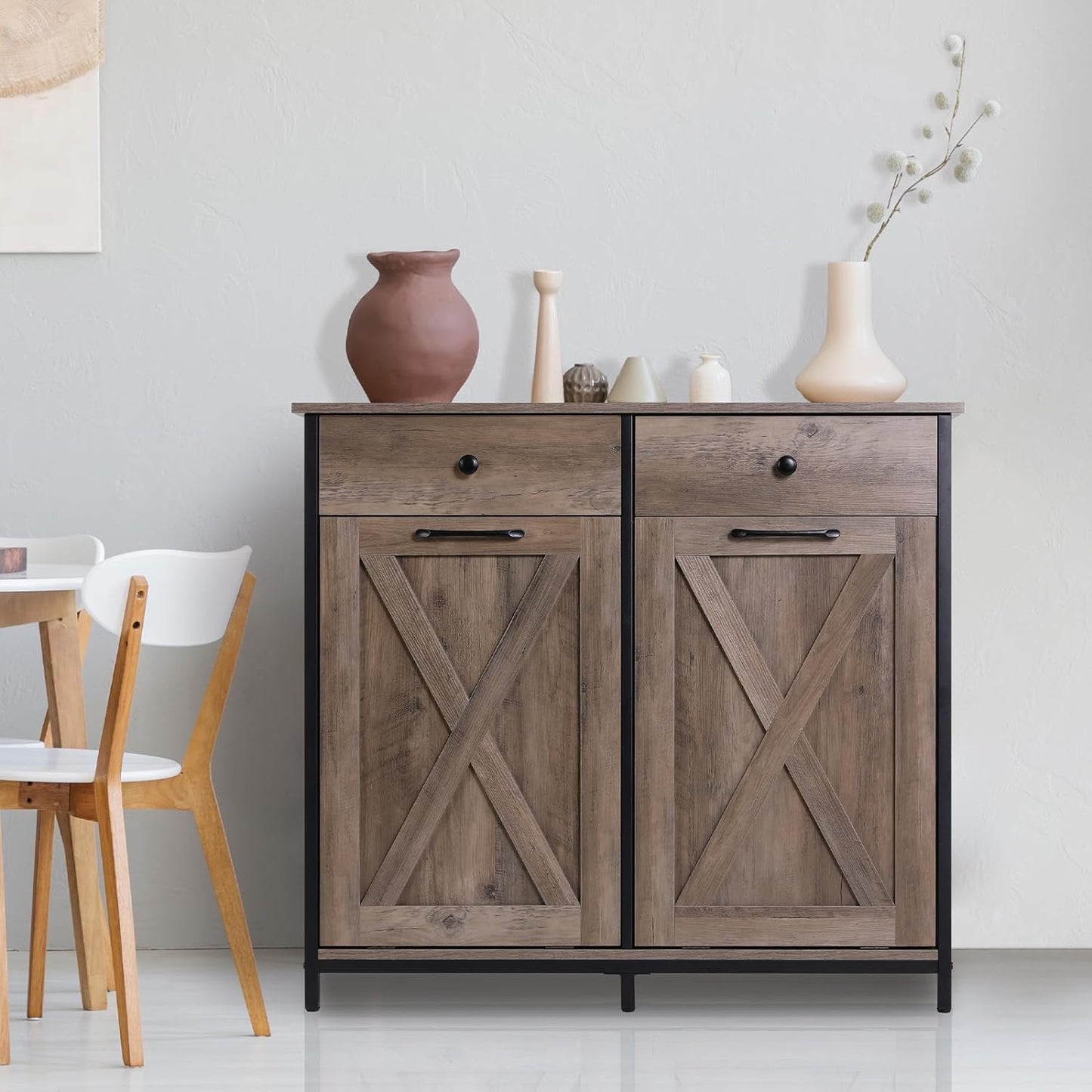 Arlopu Double Tilt Out Trash Cabinet, 2 x 10 Gallon Freestanding Garbage Bin Holder Wooden Laundry Sorter Cabinet with Drawer for Kitchen, Living Room