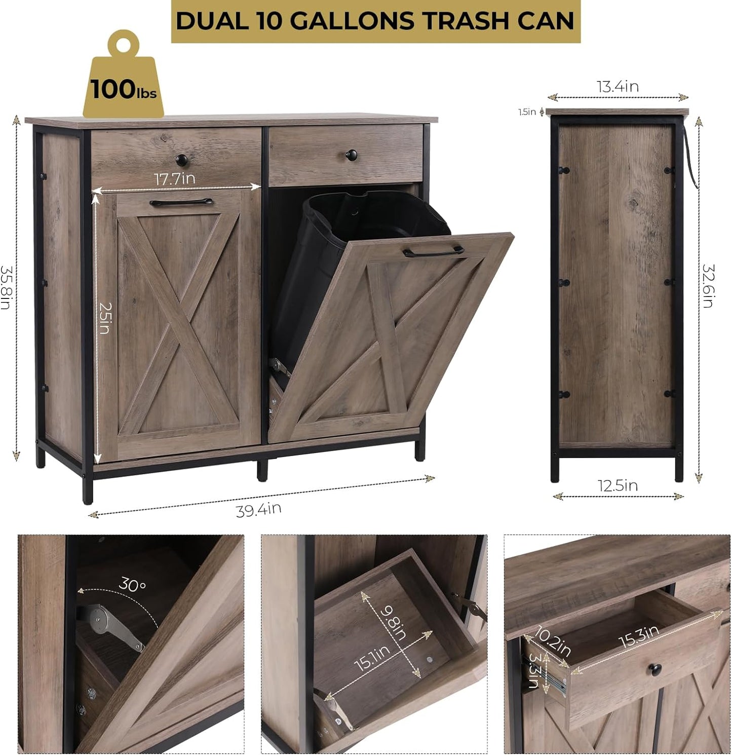 Arlopu Double Tilt Out Trash Cabinet, 2 x 10 Gallon Freestanding Garbage Bin Holder Wooden Laundry Sorter Cabinet with Drawer for Kitchen, Living Room