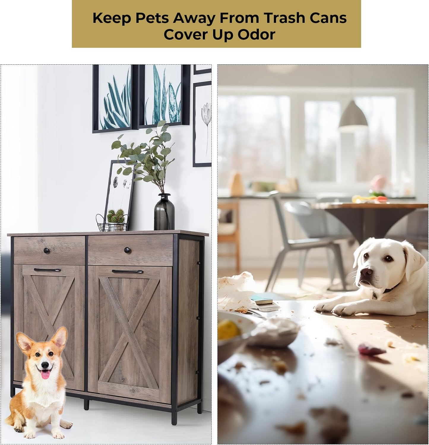 Arlopu Double Tilt Out Trash Cabinet, 2 x 10 Gallon Freestanding Garbage Bin Holder Wooden Laundry Sorter Cabinet with Drawer for Kitchen, Living Room