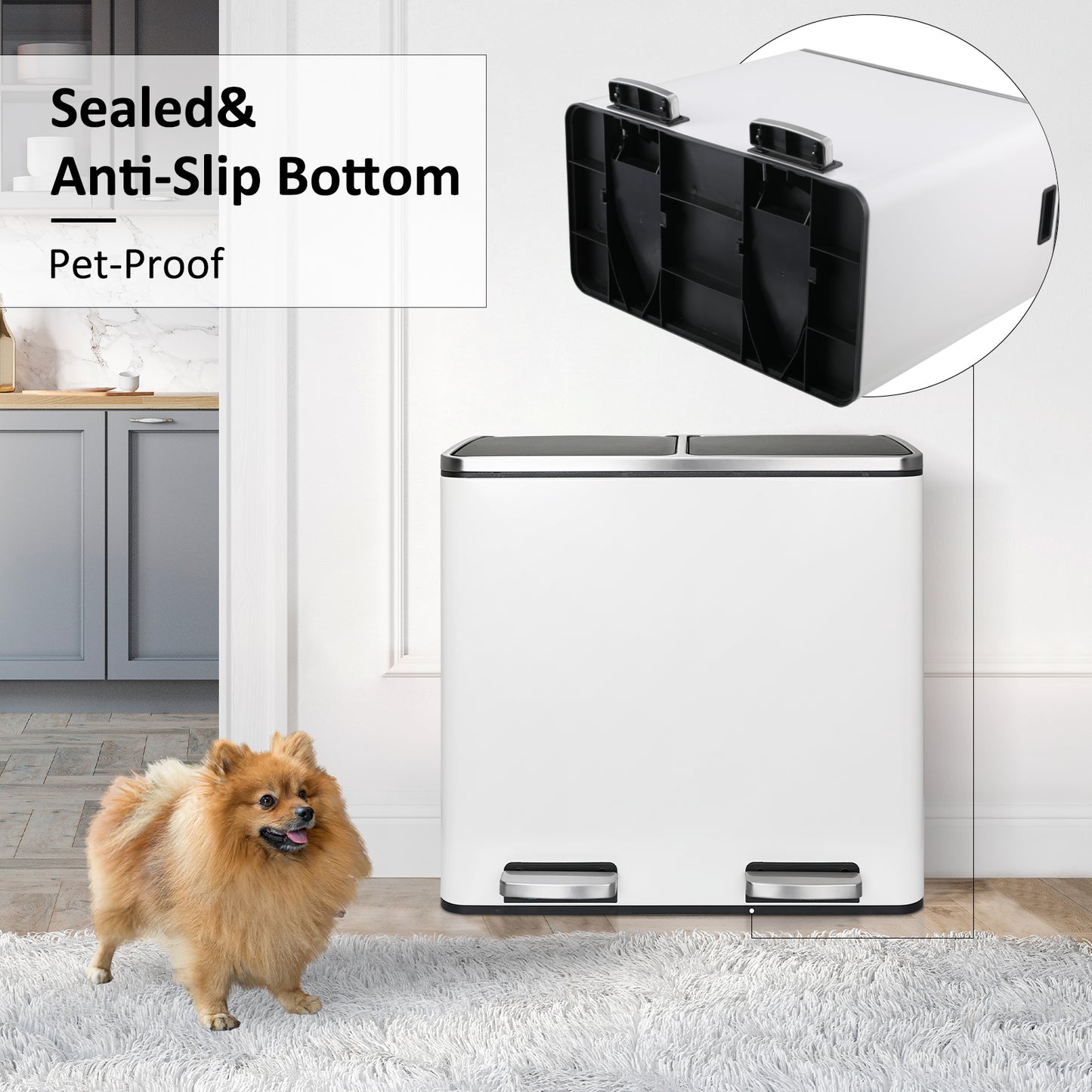 Arlopu 12 Gallon Dual Trash Can Step-on Garbage Can for Kitchen, Living Room, White