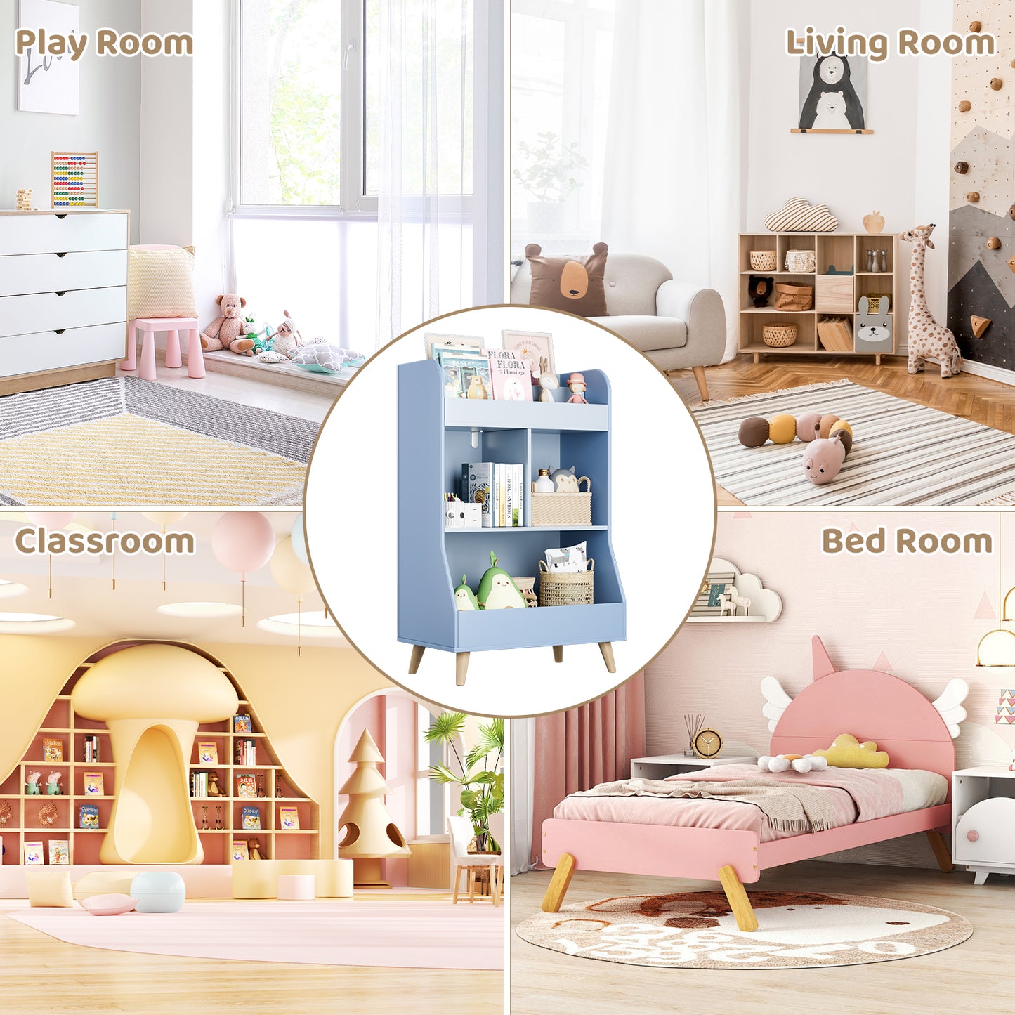 Arlopu Wood Kids Bookshelf and Toy Storage with 3 Open Cubbies Toy Organizer Cabinet for Bedroom Living Room