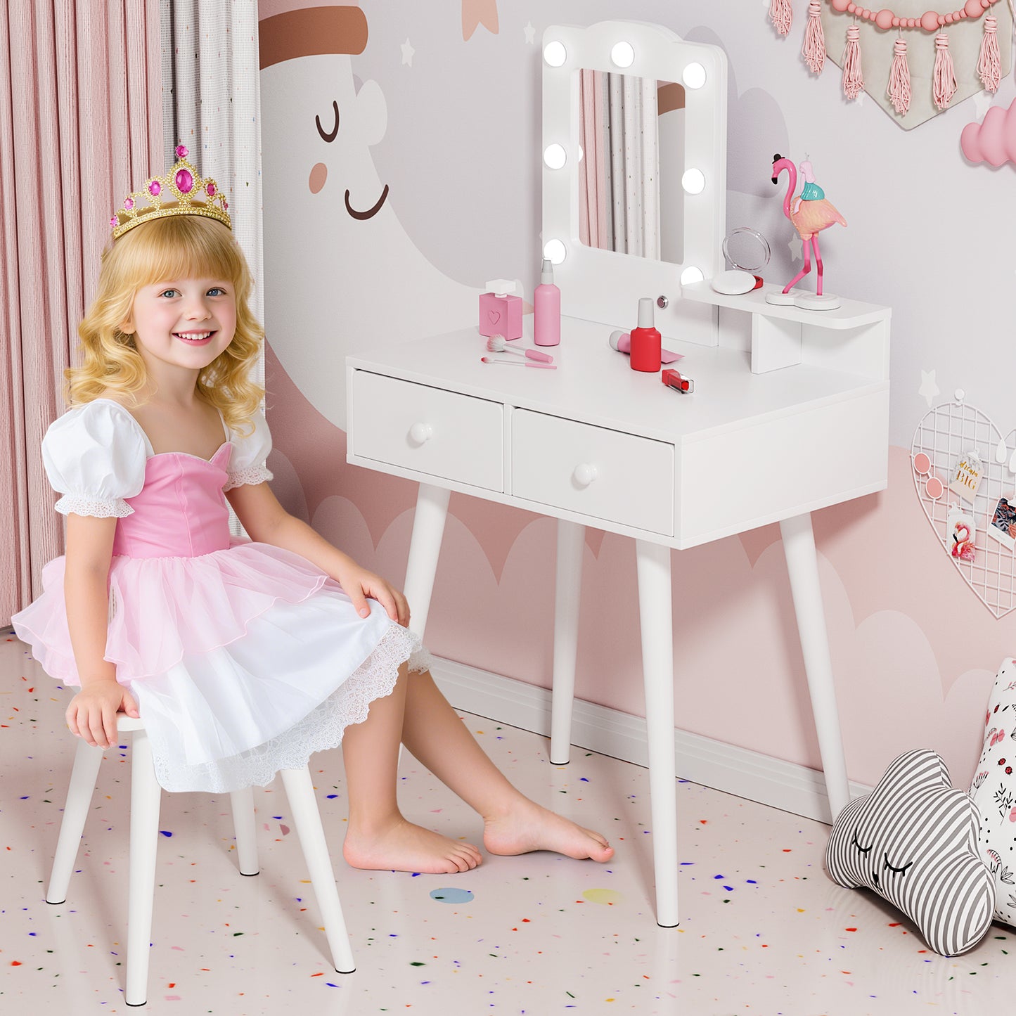 Arlopu Kids Vanity Table and Chair Set, Wooden Makeup Playset with Mirror & Lights, Ideal Princess Gift for Girls
