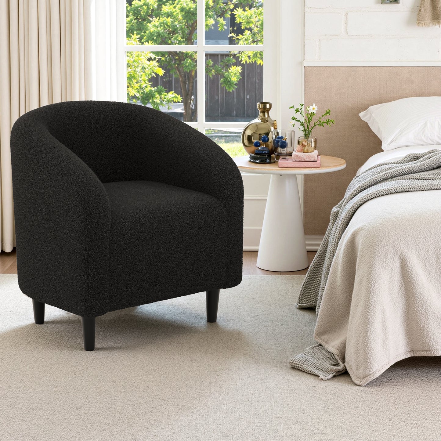 Arlopu Upholstered Club Chair Accent Barrel Chair, Teddy Fabric Upholstered Armchair with Side Pocket for Living Room/Bedroom