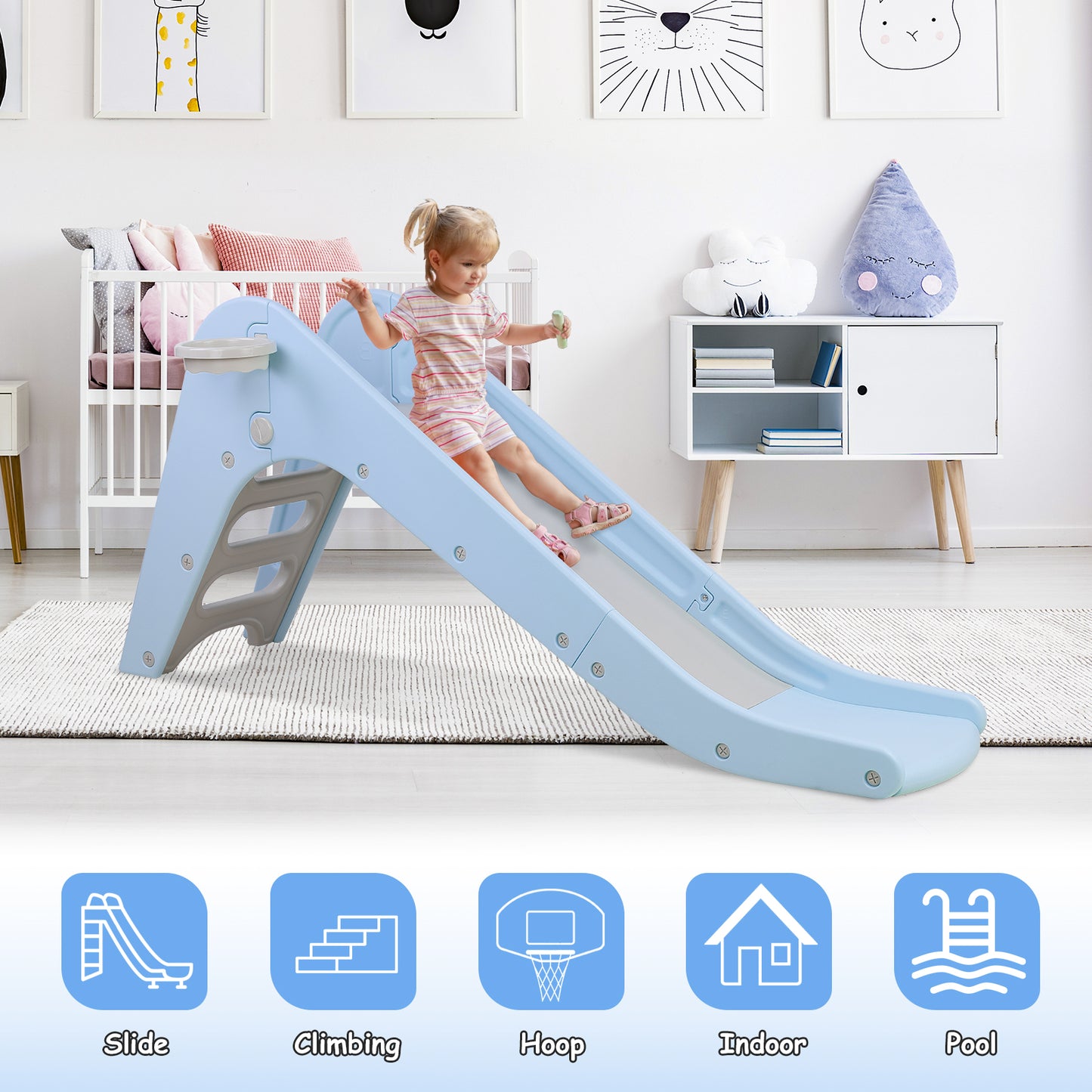 Arlopu Slide for Kids, Toddler Slide Climber Set for Indoor Outdoor, Freestanding Game Slide with Extra Long Slipping Slope, Basketball Hoop and Ball for Boys & Girls