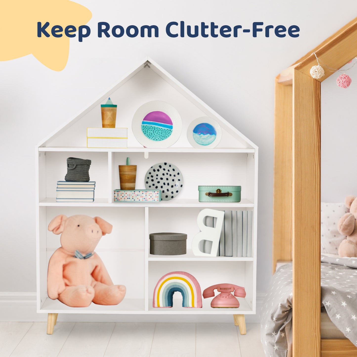 Arlopu 4-Tier Kids Dollhouse Bookshelf, Wooden Toy Storage Cabinet Open Bookcase Storage Organizer, Toys Dolls Display Shelf with Legs