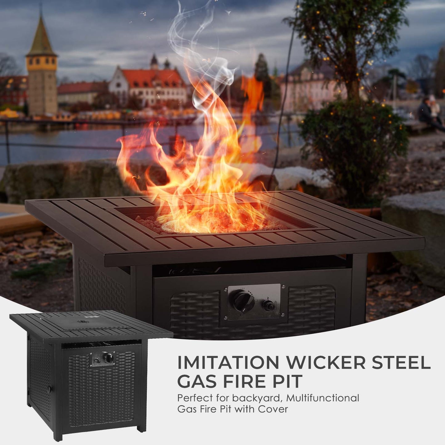 Arlopu 30in Propane Fire Pit Table, 50,000 BTU Outdoor Gas Fire Pit with Lid