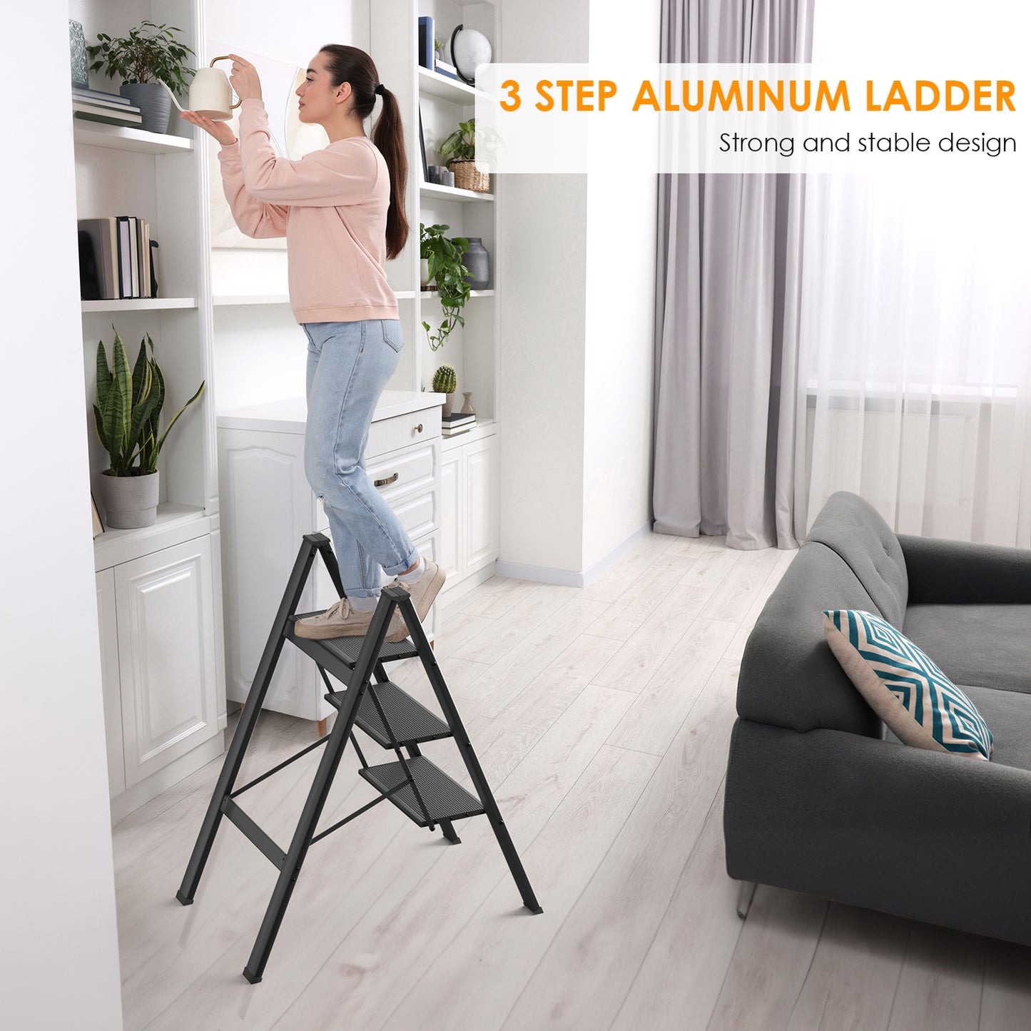 Arlopu 3 Step Ladder, Folding Step Stool with Wide Anti-Slip Pedals, Aluminum Portable Lightweight Ladder for Home, Kitchen, Office, Sturdy Temporary Storage Shelf Rack, Max Capacity 330lbs, Black