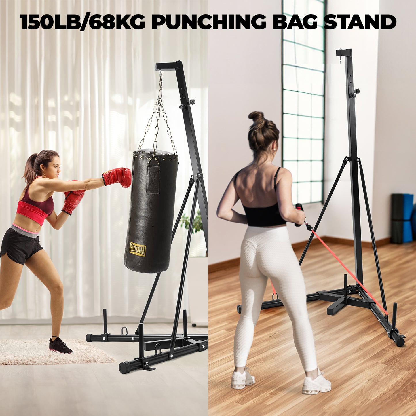 Arlopu Steel Punching Bag Stand, Heavy Boxing Bag Stand with Weight Plate Legs, Adjustable Height, 150lbs