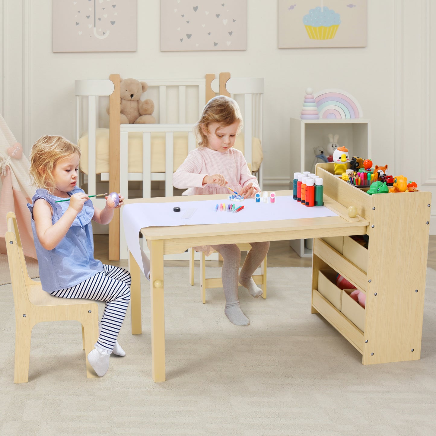 Arlopu Kids Art Table and Chair Set, Wooden Toddler Activity Table Drawing Craft Desk with Paper Roll, 4 Storage Bins & Storage Shelves